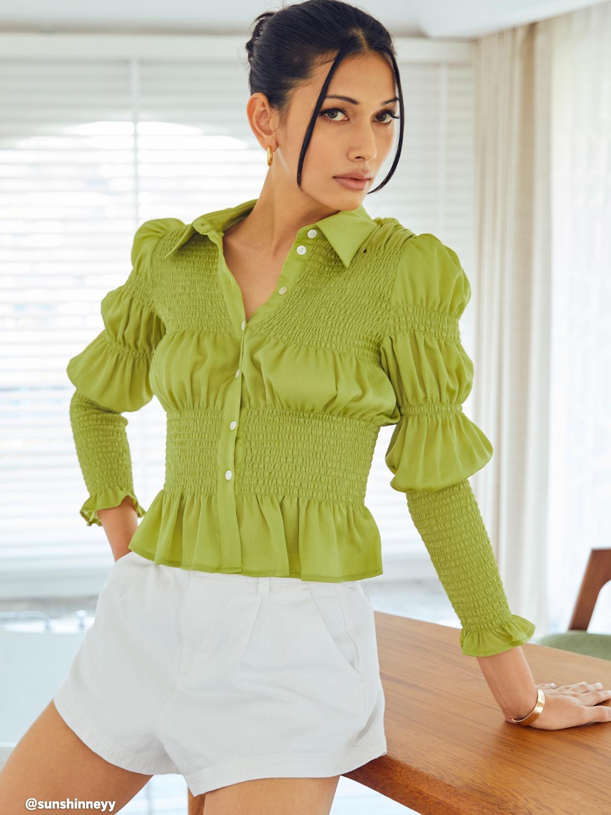 Smock Sleeve Button Up Shirt - Green