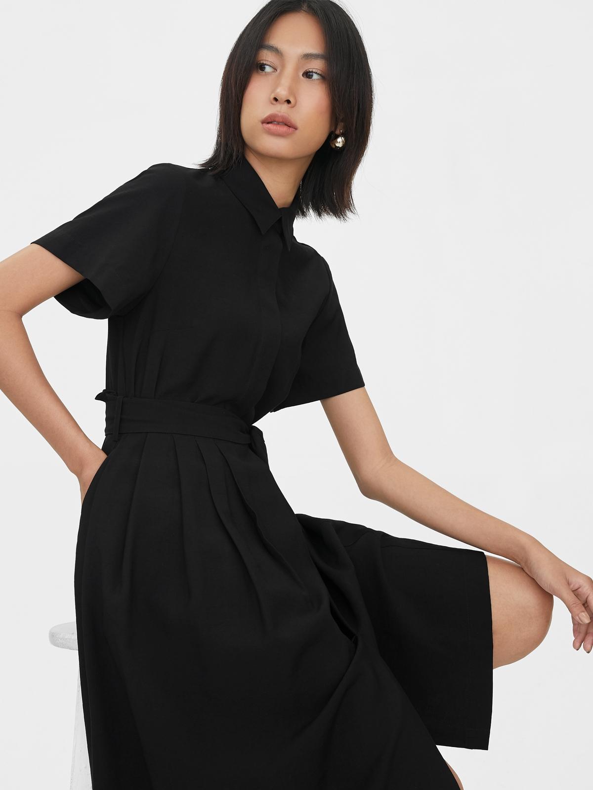 Midi Belted Pleat Dress - Black
