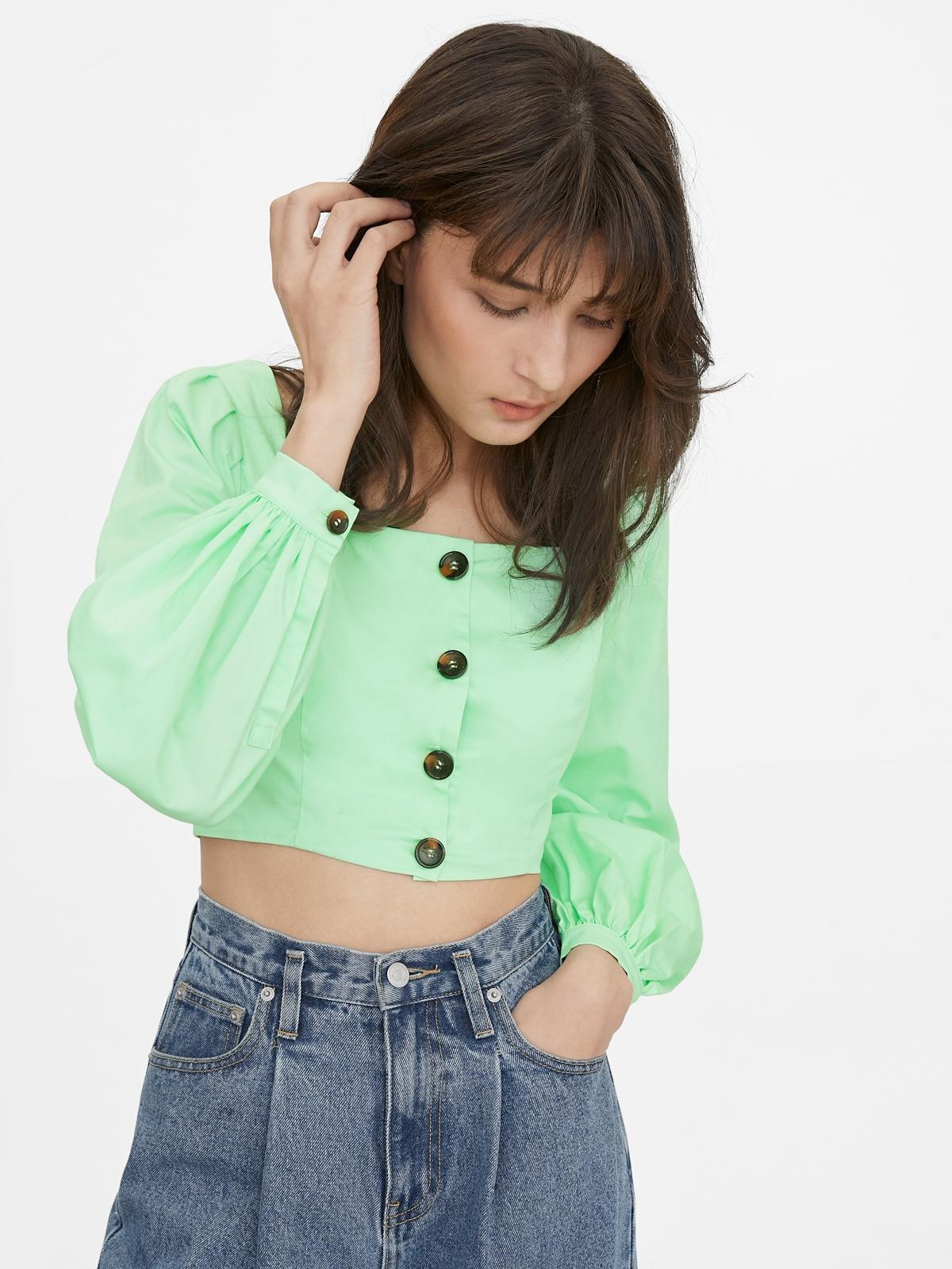 Square Neck Puffed Sleeve Crop Top - Green