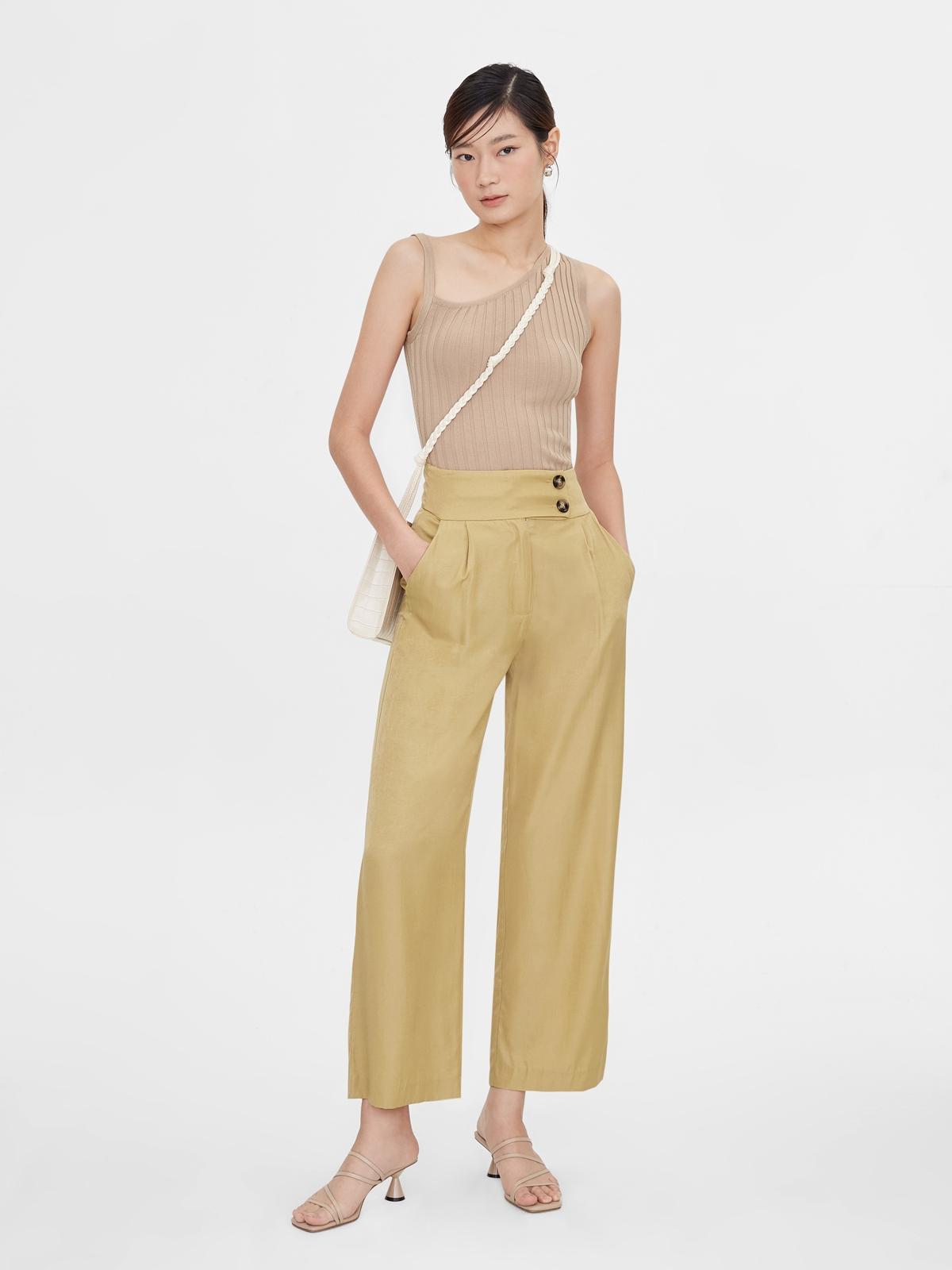 High Waist Double Button Pants - Yellow