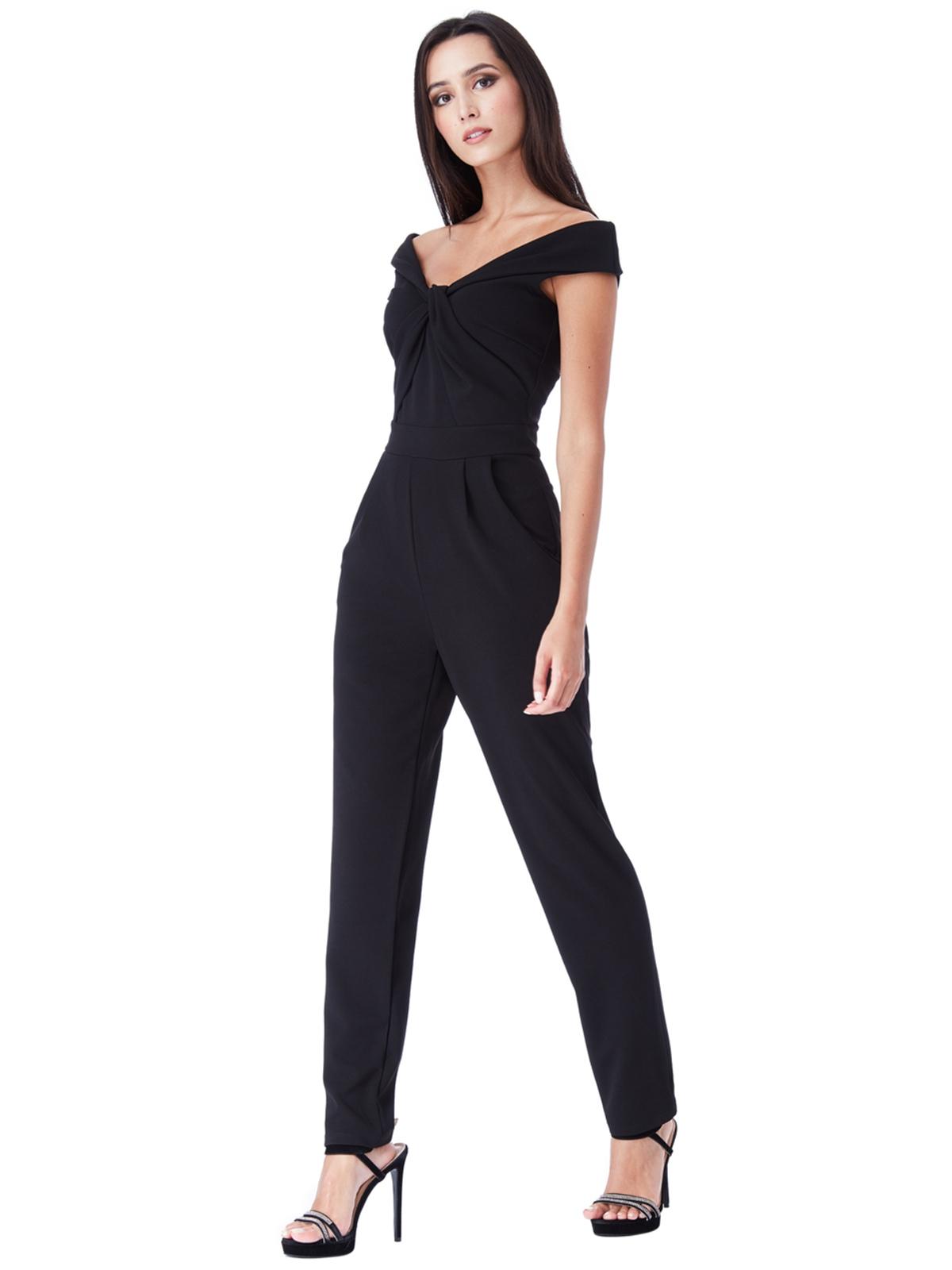 Bardot Jumpsuit with Twisted Neckline - Black