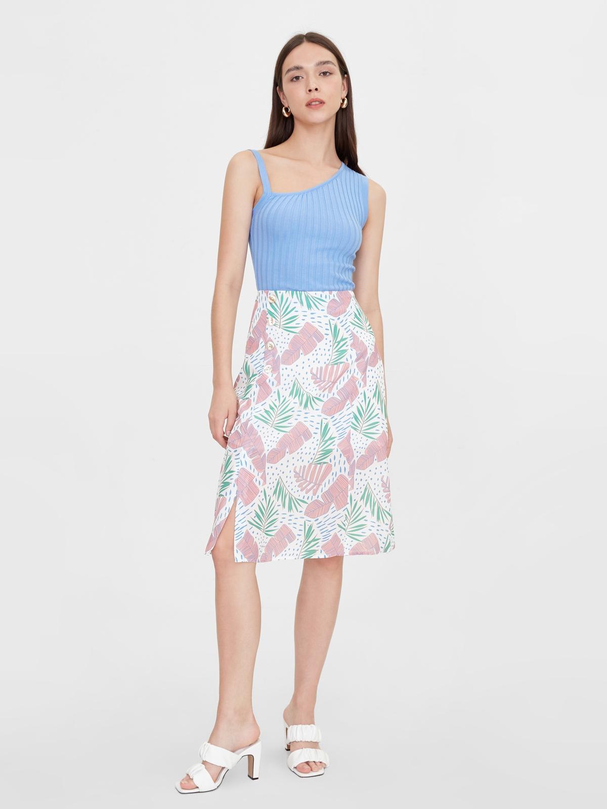 Side Button Up Leaf Print Skirt - Pink