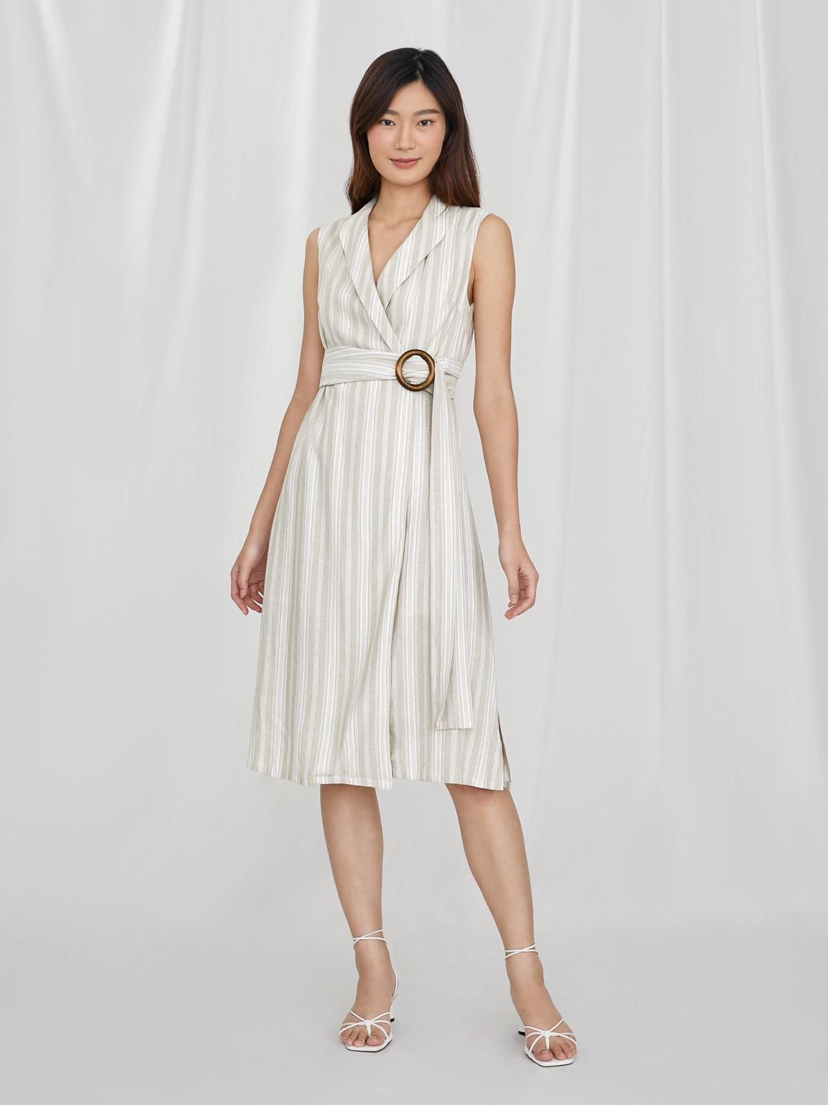Purpose Sleeveless Belted Striped Dress - Beige