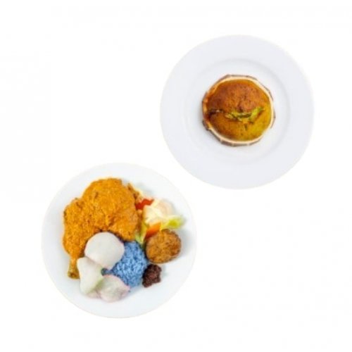 Nasi kerabu and curry chicken leg with pandan gula melaka lava cake​