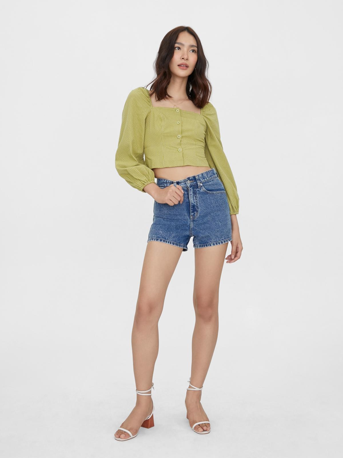 Puffed Sleeve Pinstripe Crop Top - Green