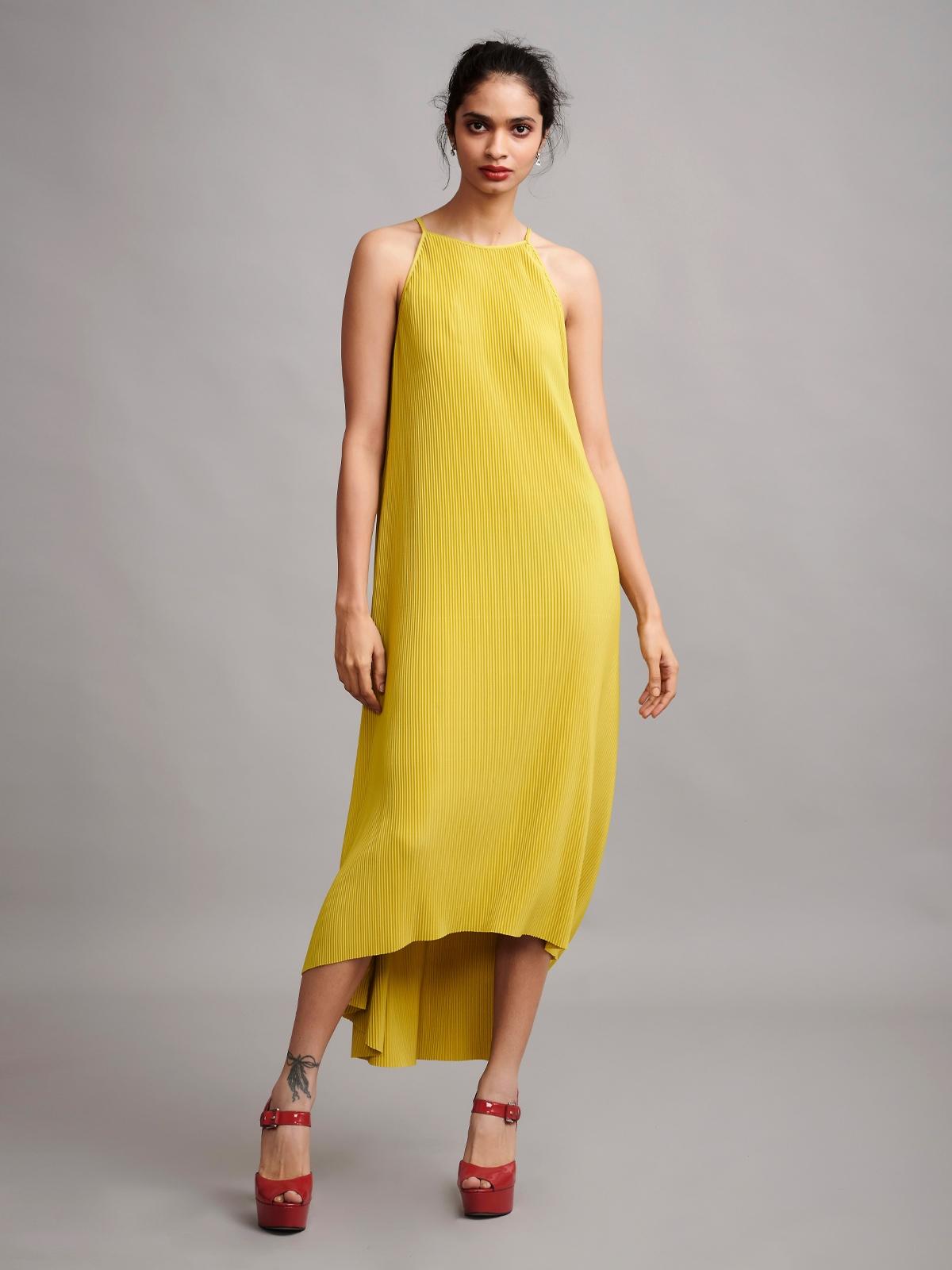 Pleated High Low Dress - Yellow