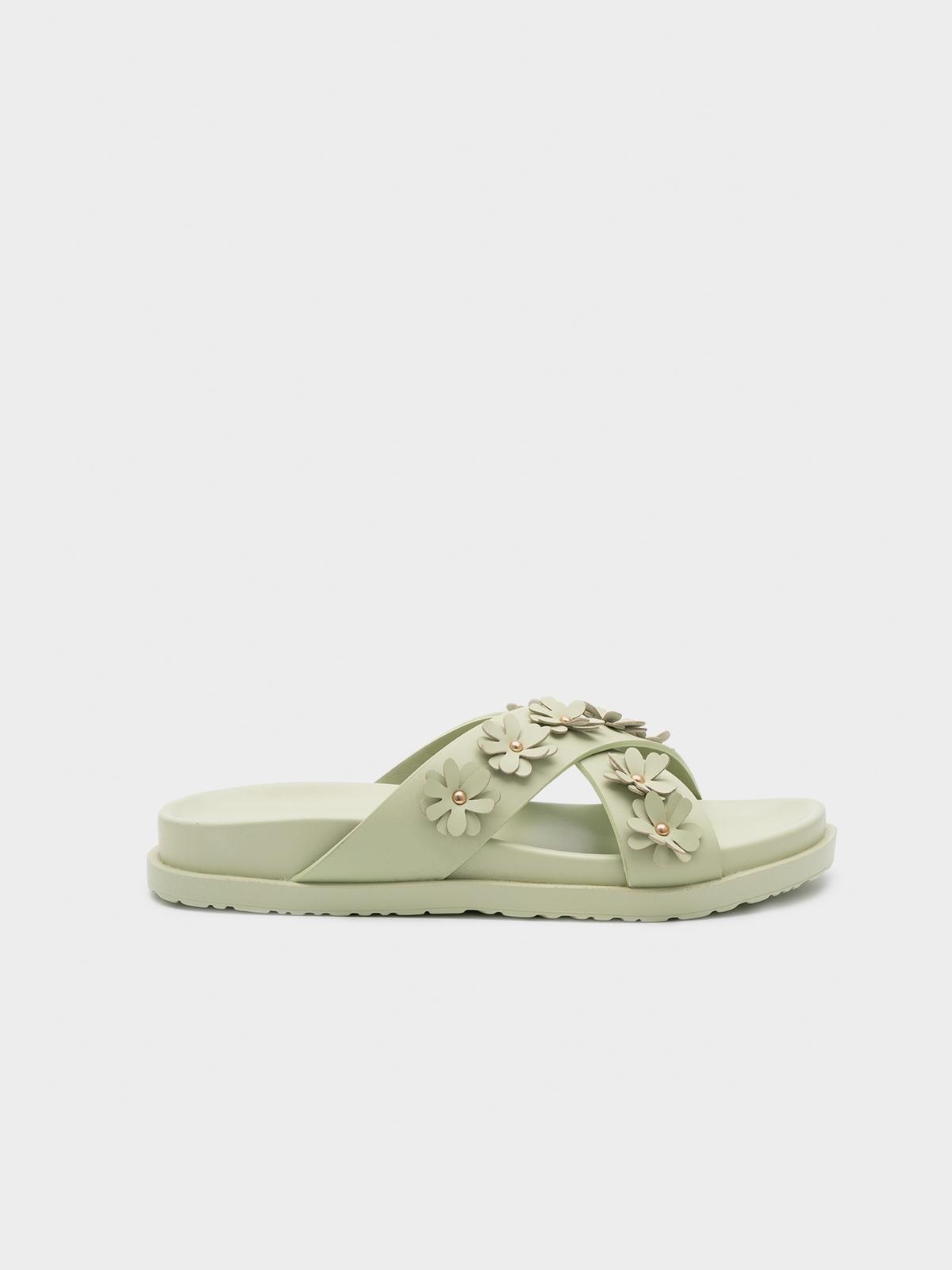 Floral Embellished Flat Slide - Green
