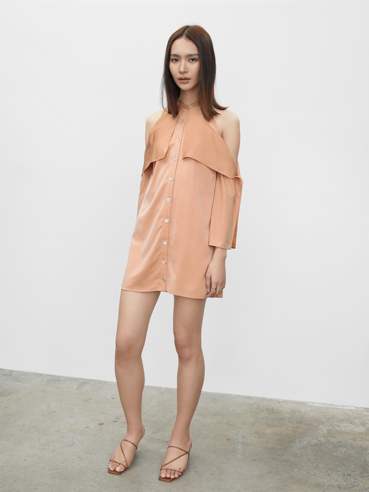 Cold Shoulder Button Up Dress - Beige