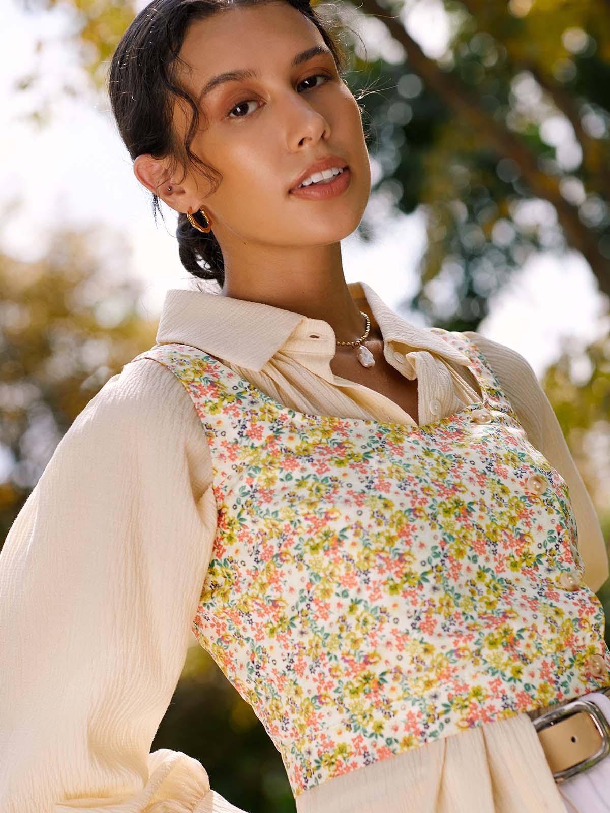 Sustainable Floral Print Sleeveless Crop Top - Yellow