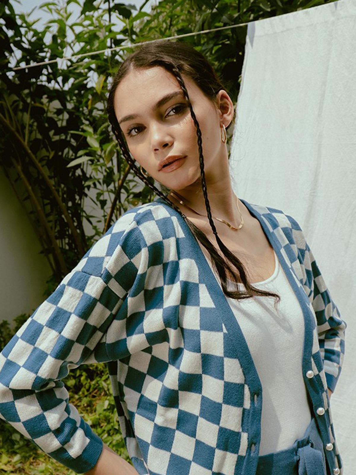 Checkered Cardigan - Denim