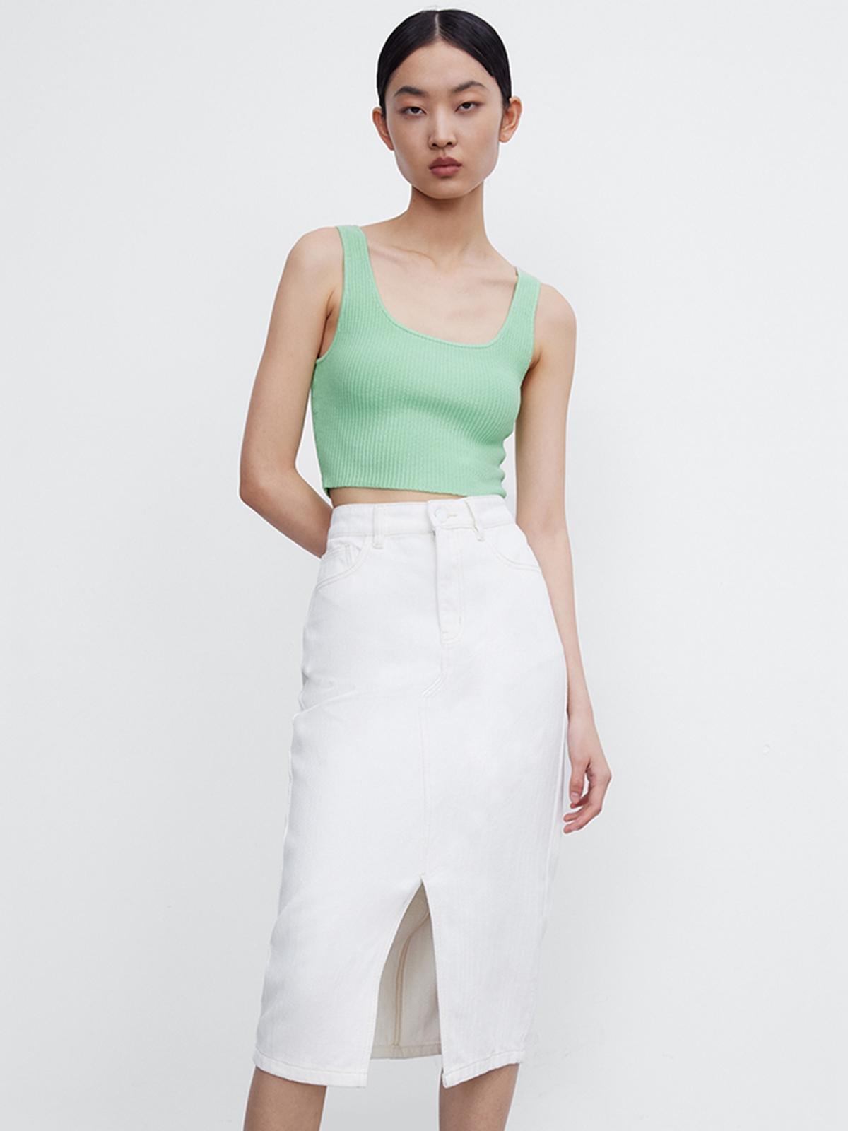 Ribbed Knit Crop Top - Pale Green
