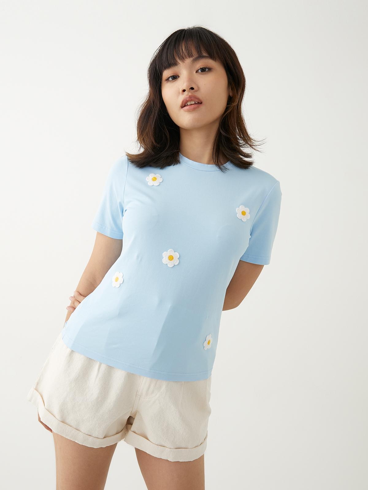 Embroidered Flower Tees -  Blue