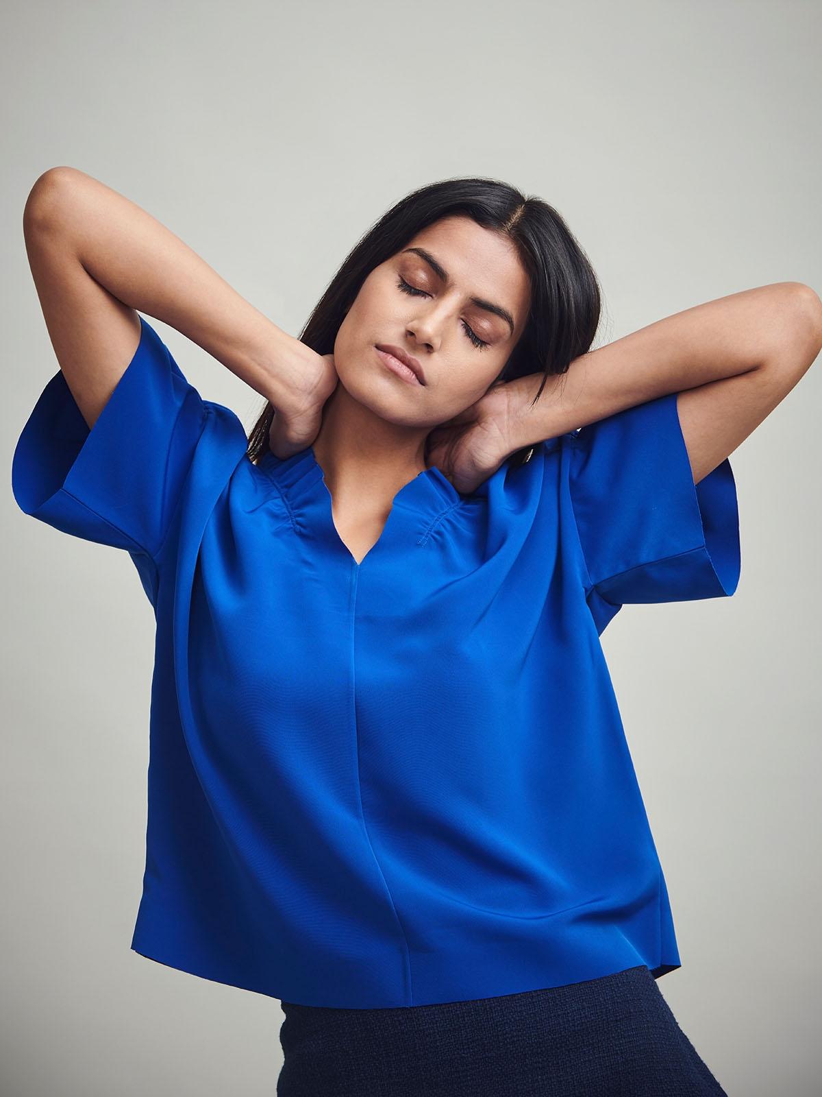 Ruche Collar Top - Blue