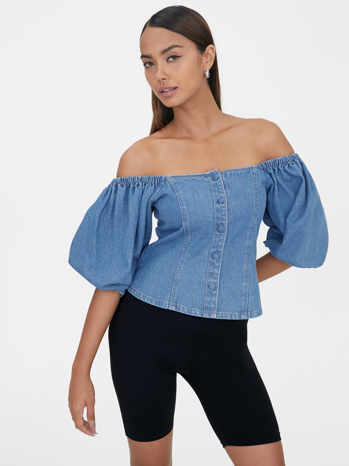Sustainable Denim Off Shoulder Blouse - Blue