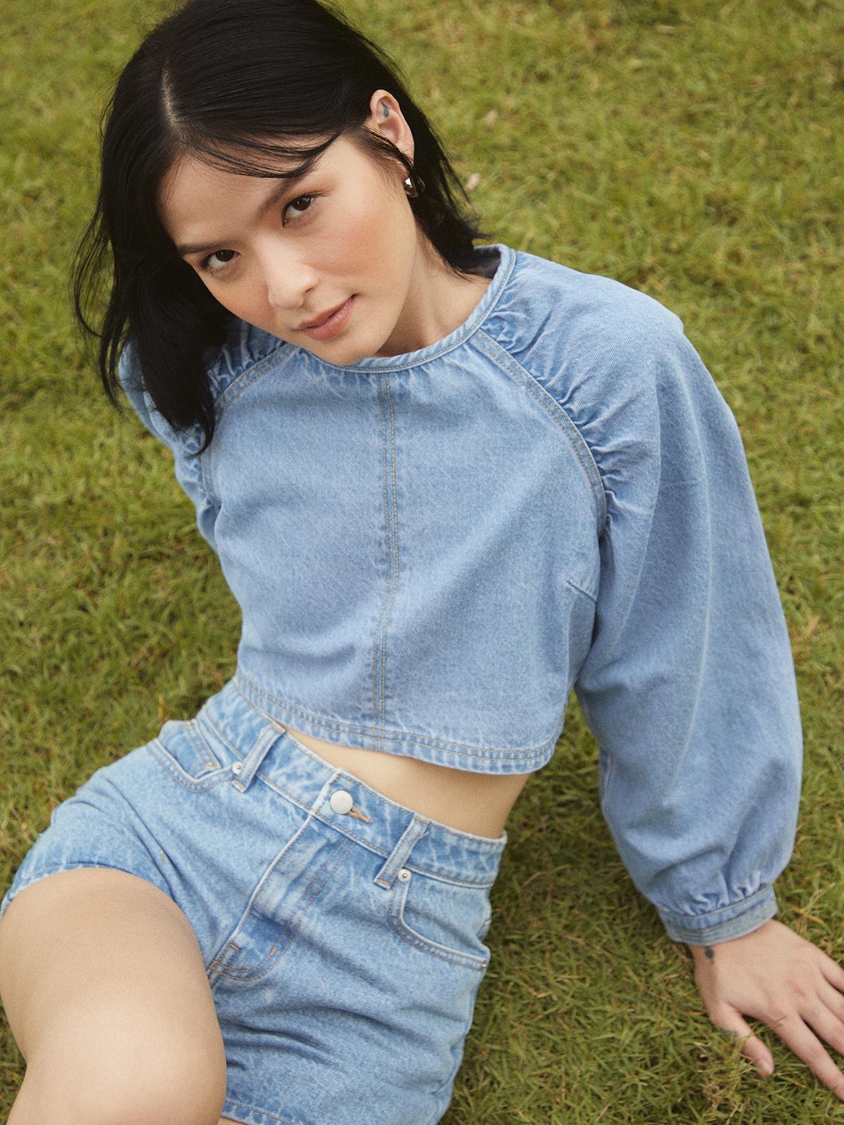 Ruched Puff Sleeve Crop Top - Blue