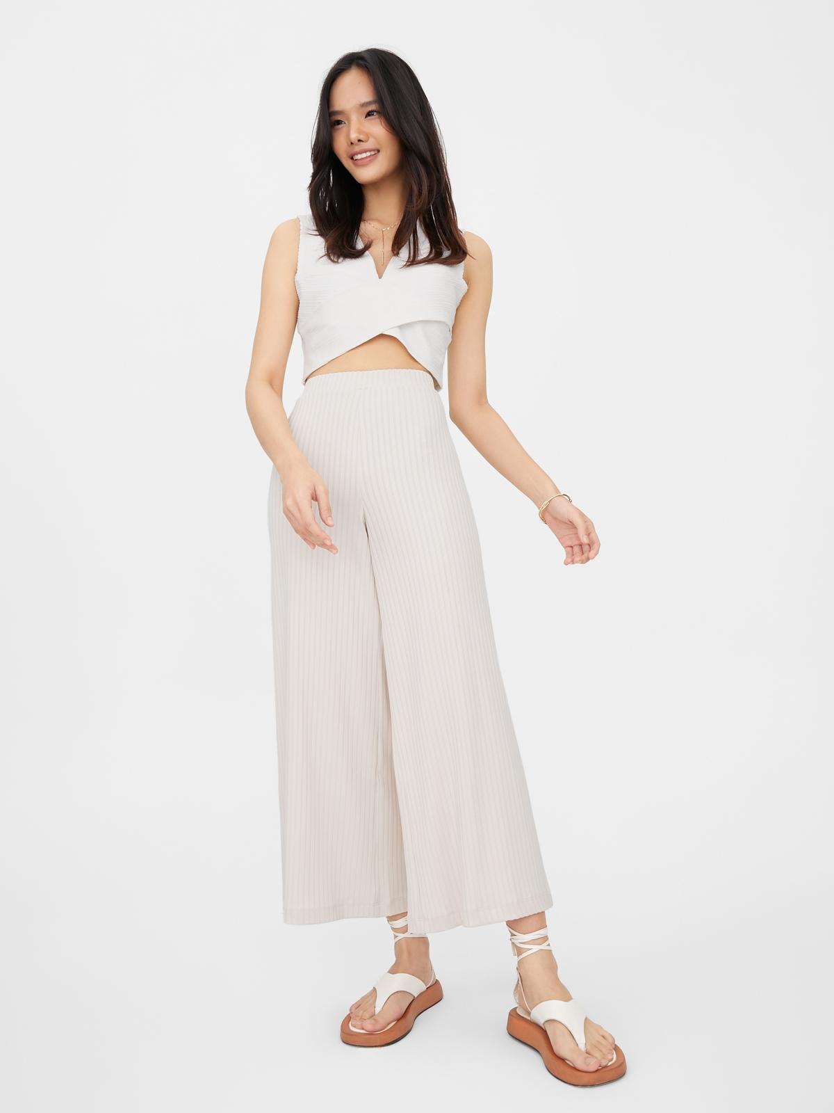 Textured High Waist Pants - Beige