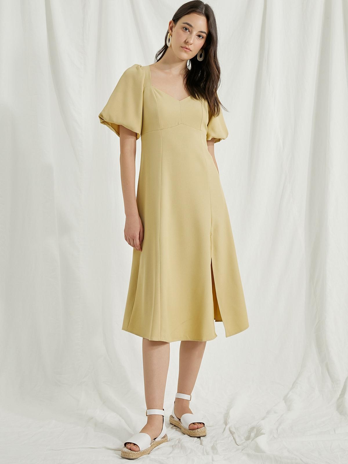 Sweetheart Neckline With Puffed Sleeve Dress - Yellow