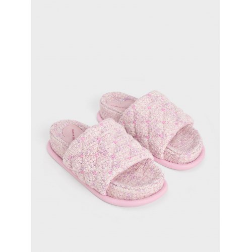  Dahlia Tweed Quilted Heart-Print Sandals - Pink 