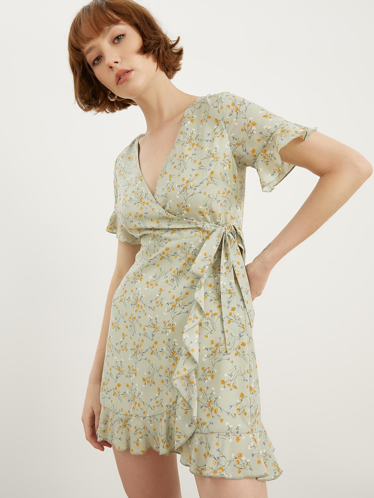 Flower Print Wrap Mini Dress - Green
