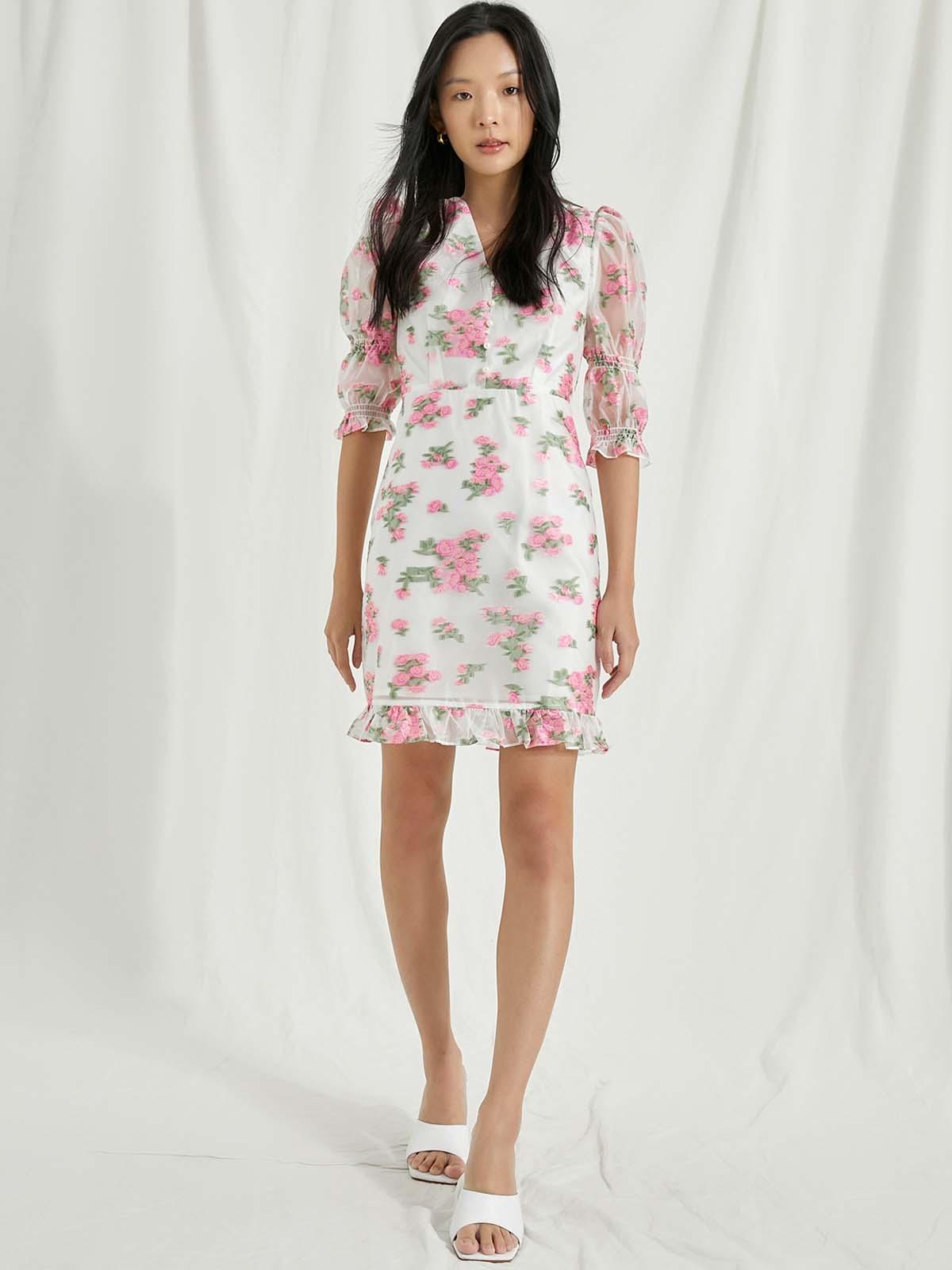 Floral V-Neck Ruffle Detail Dress - Pink