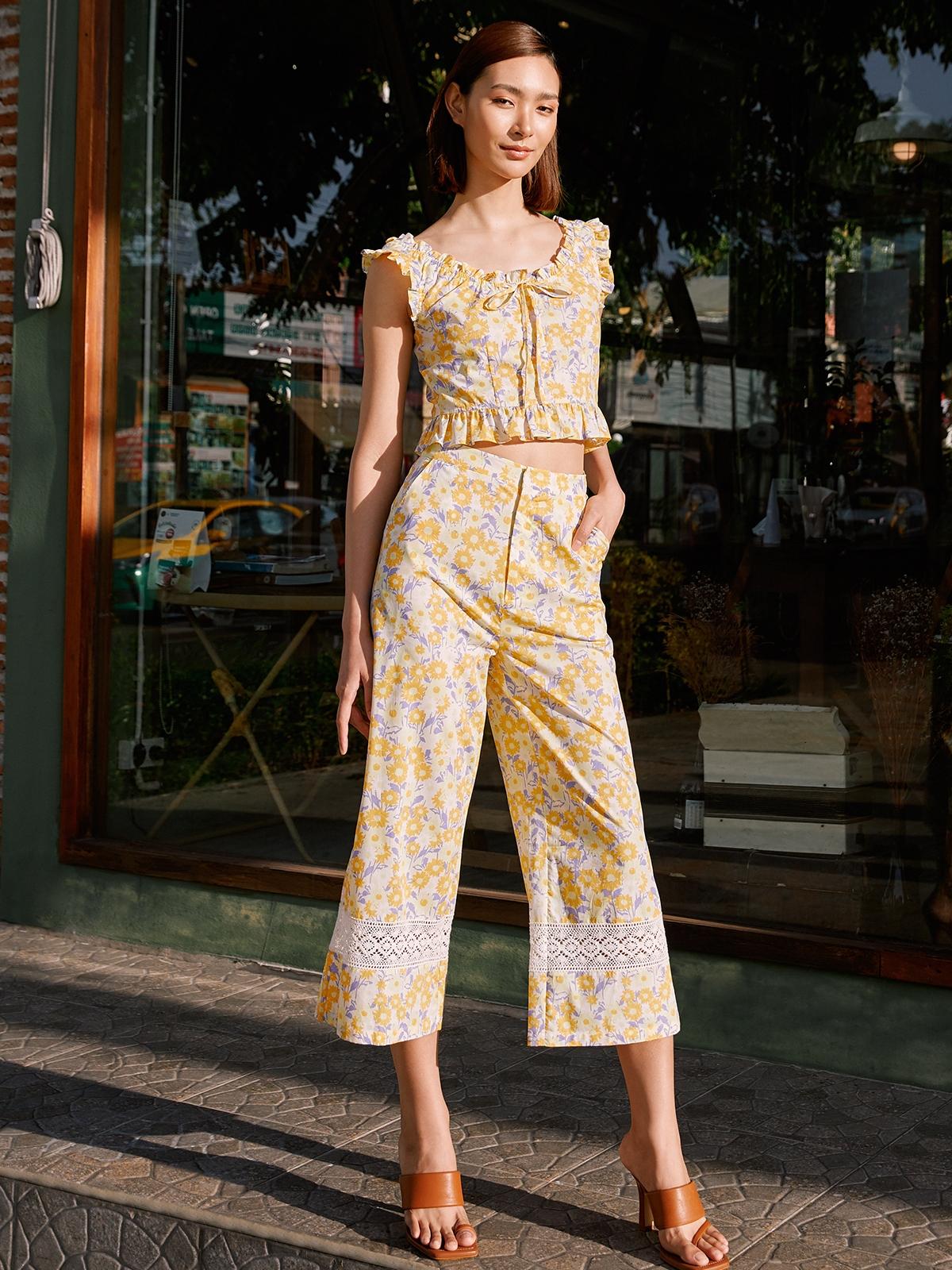 Sustainable Floral Print Sleeveless Crop Top - Yellow
