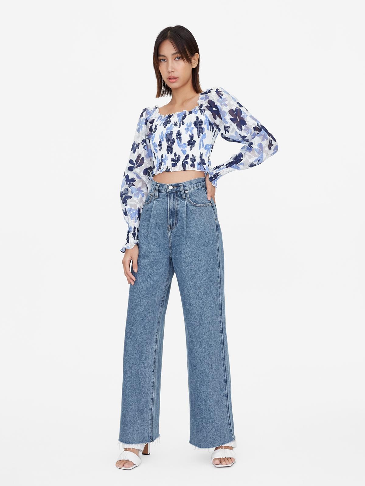 Floral Smock Bishop Crop Top - Blue