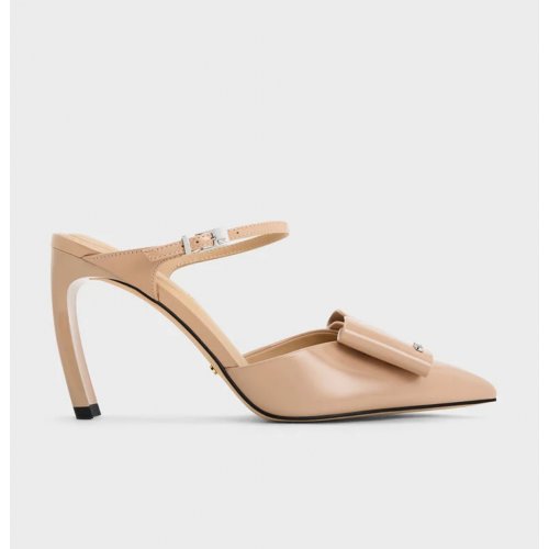 Lu Patent Leather Bow Blade-Heel Mules - Nude