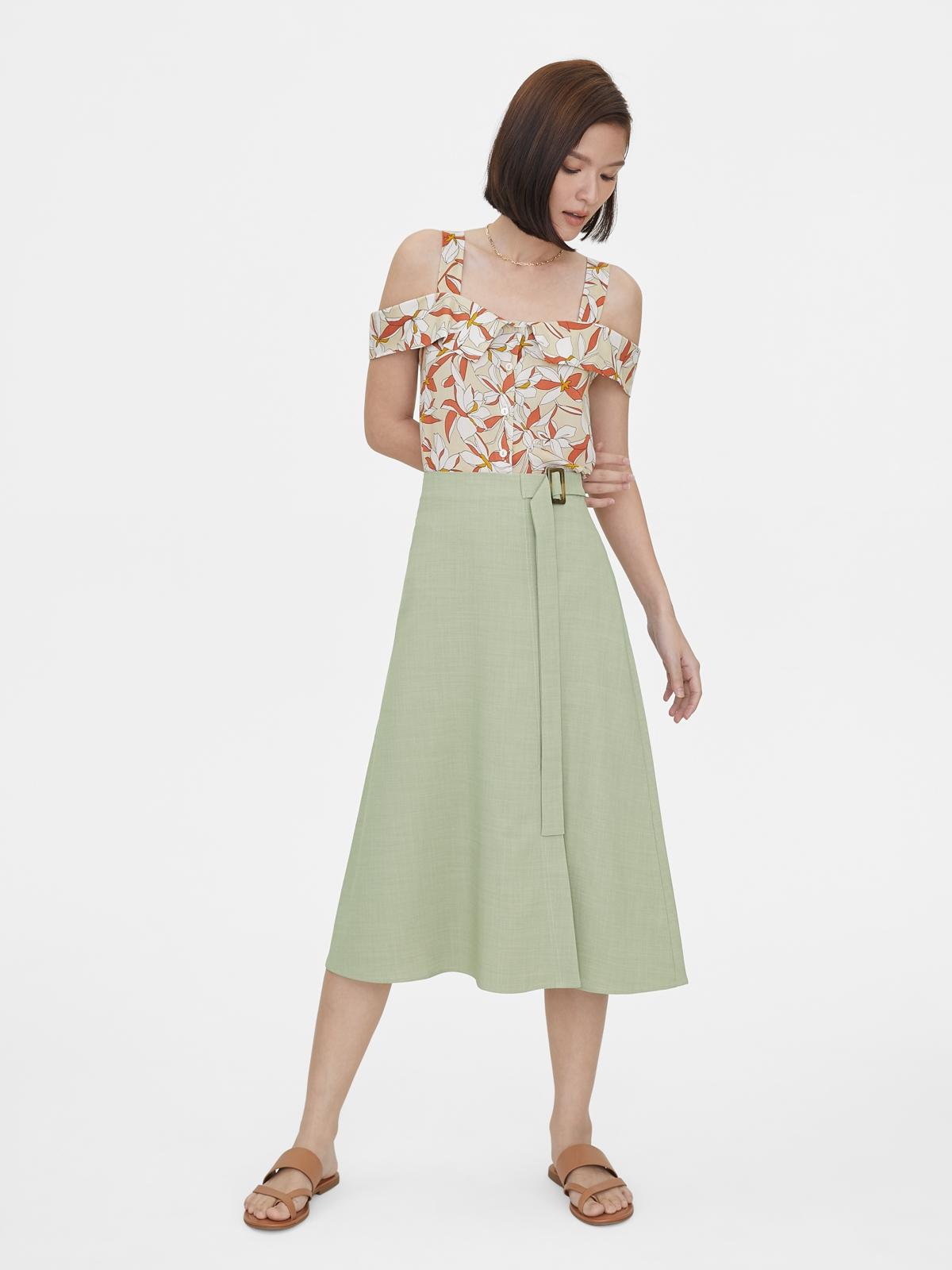 Side Slit Buckle Belted Flare Skirt - Green