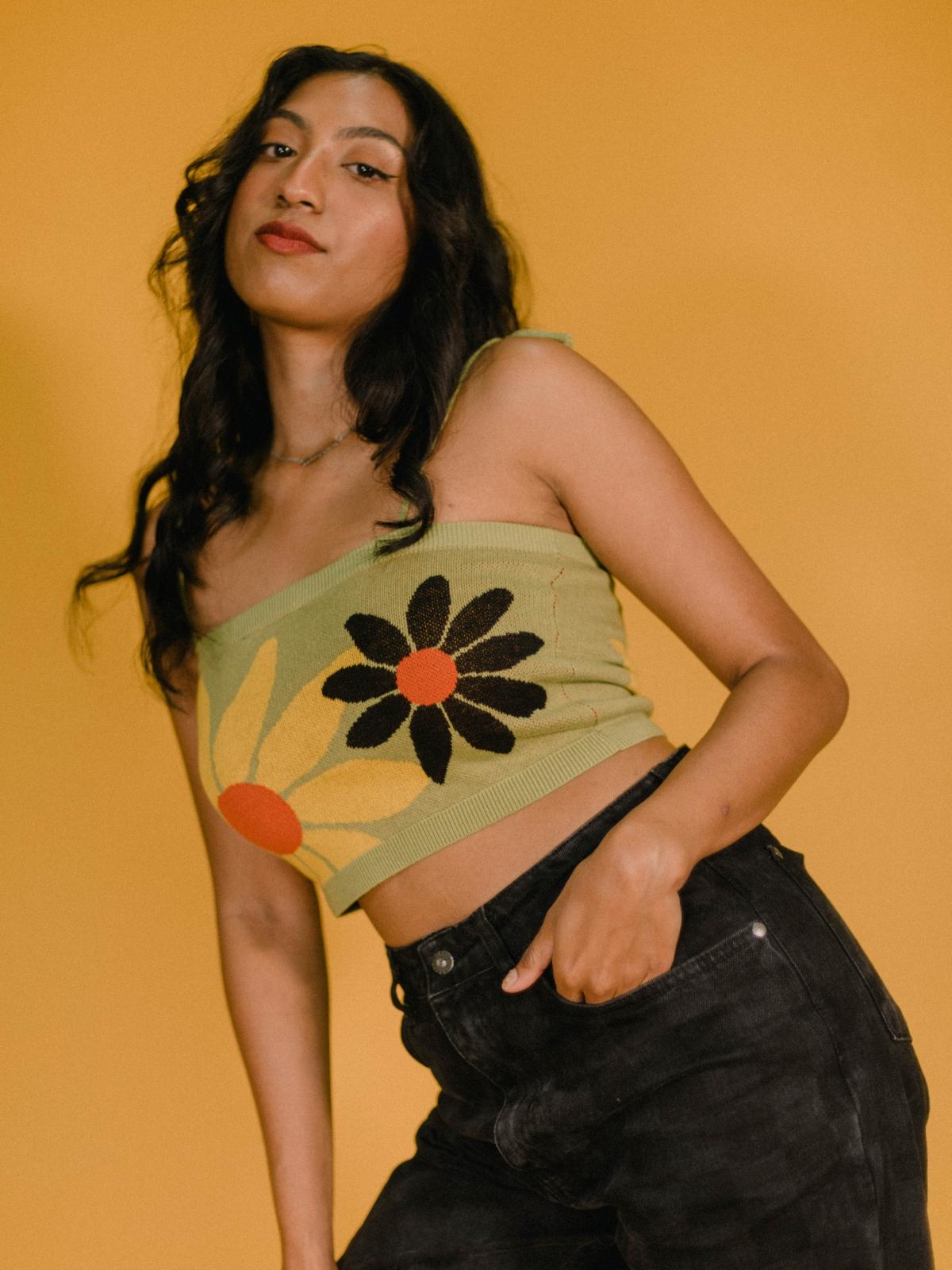 Sunflower Bloom Knit Tube Top - Green