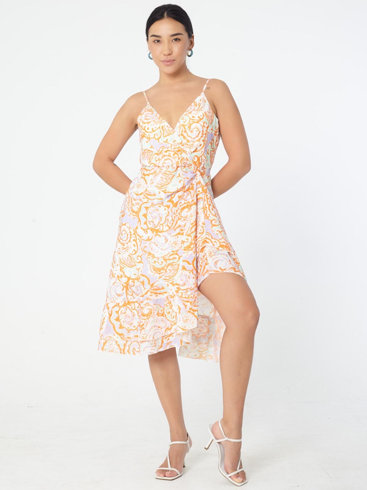 Deep V Sleeveless Dress With Ruffle Details - Orange