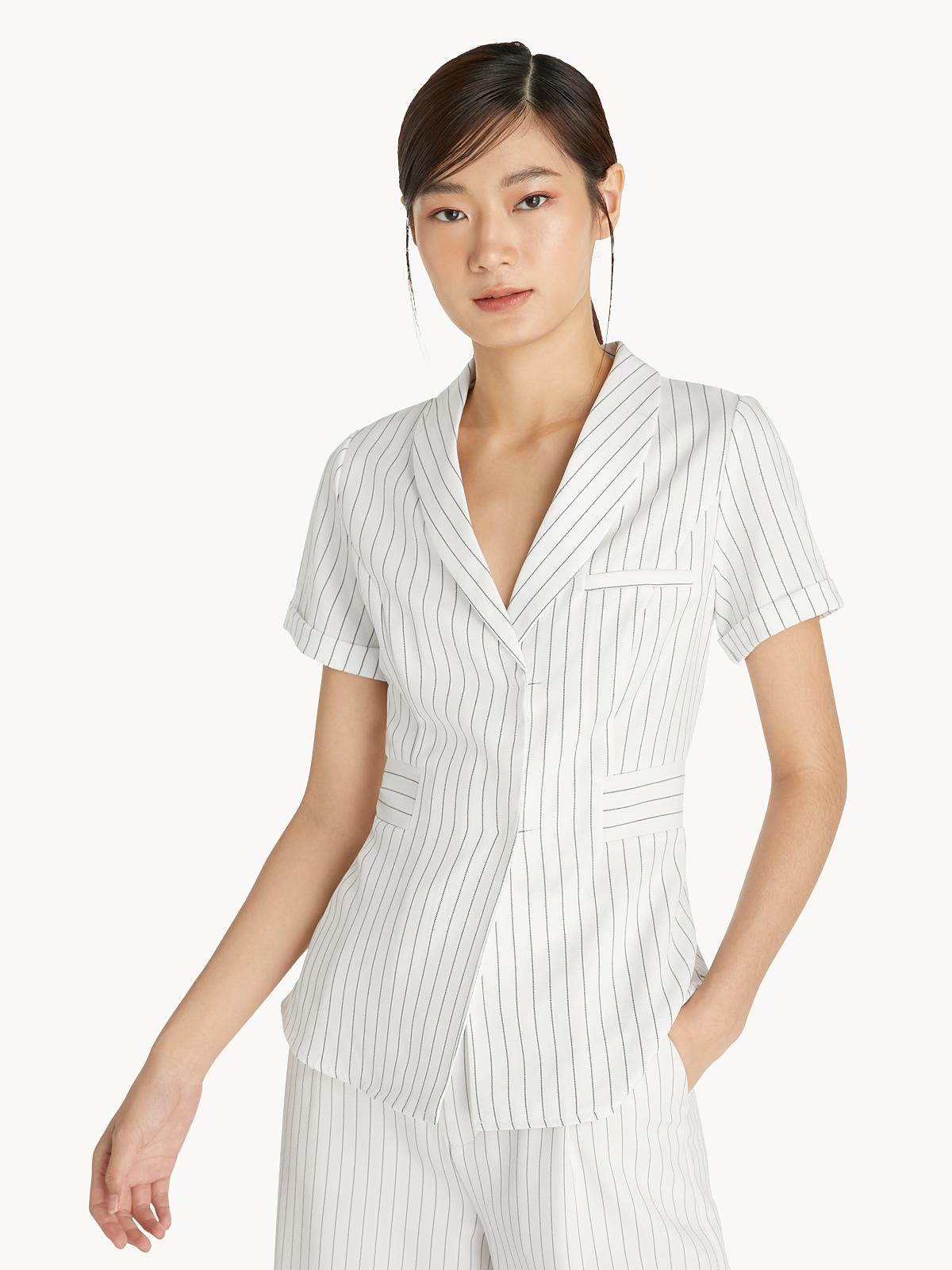 Pinstripes Cuffed Sleeve Shirt - White