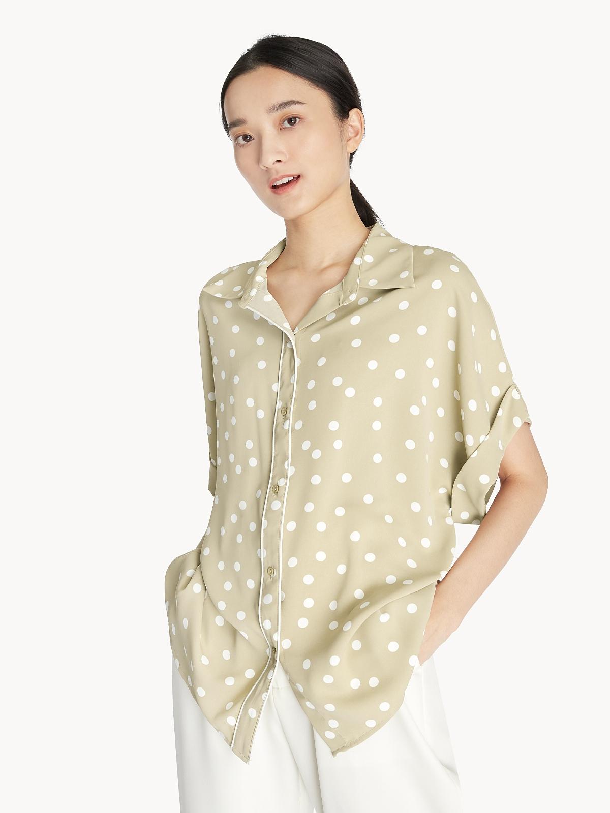 Oversized Polka Dot Contrast Hem Shirt - Beige