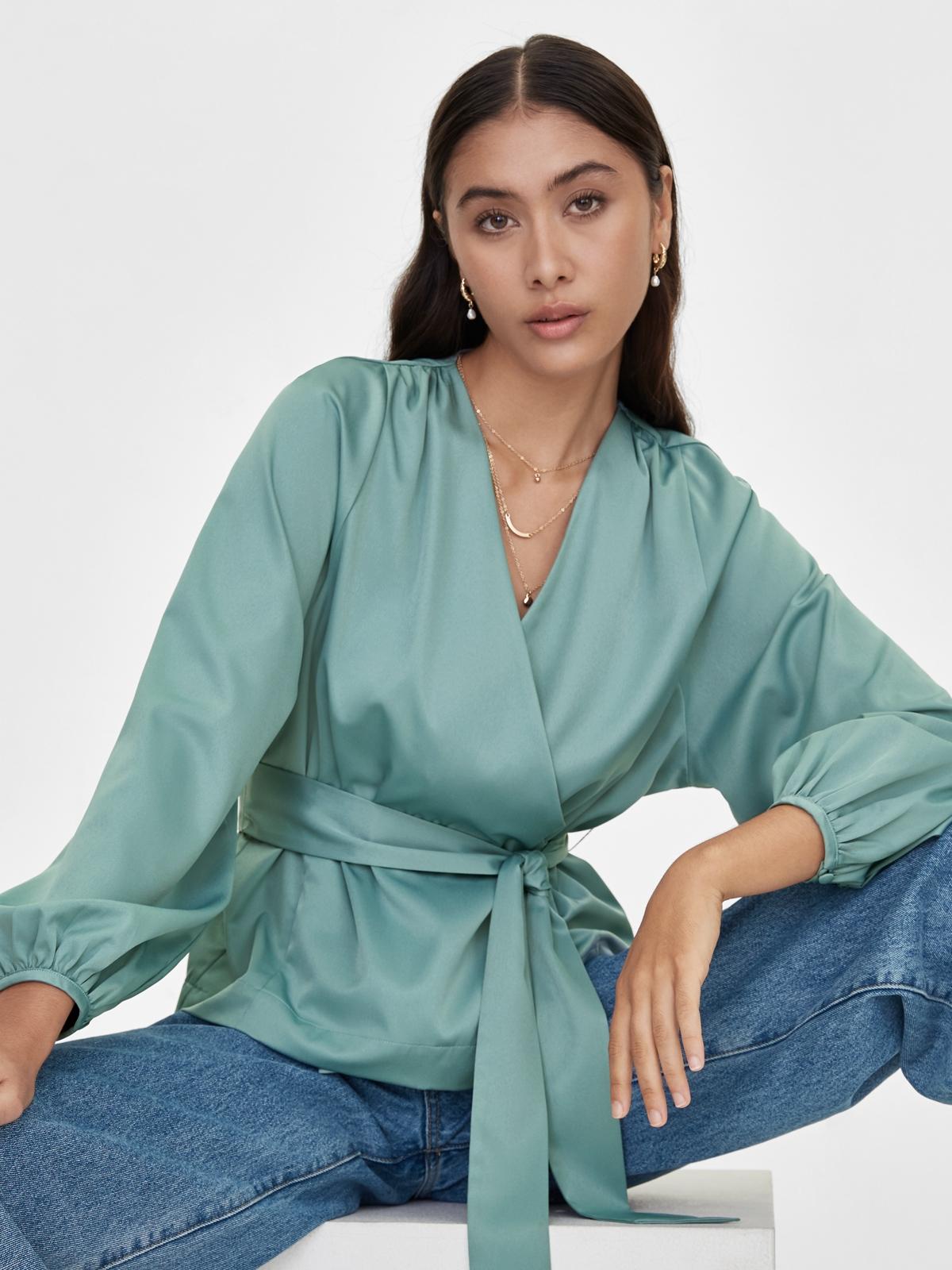 V Neck Belted Blouse - Green
