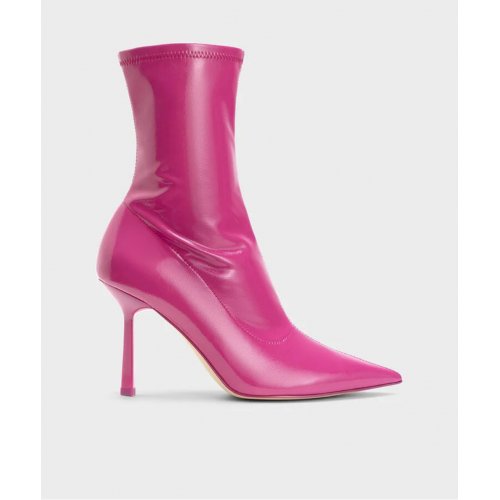  Patent Crinkle-Effect Pointed-Toe Stiletto Heel Ankle Boots - Fuchsia 