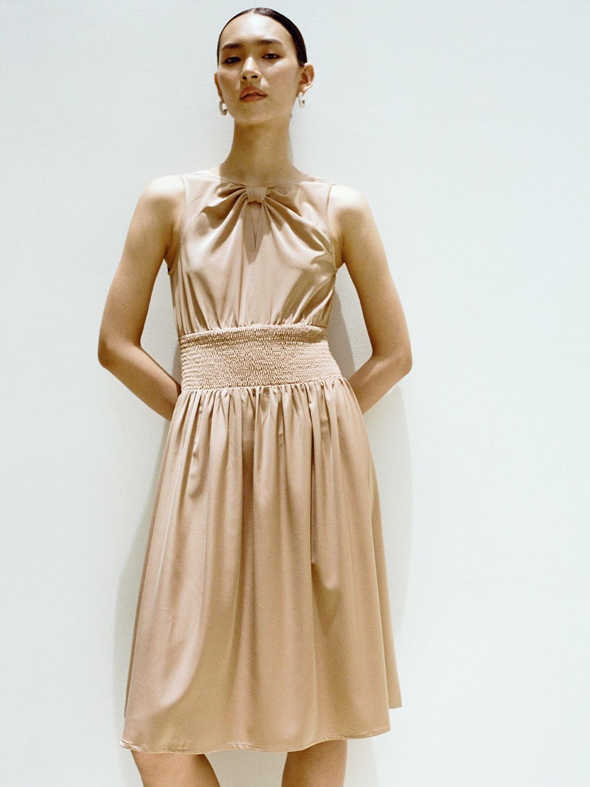 Bow Neck Elastic Waist Dress - Brown