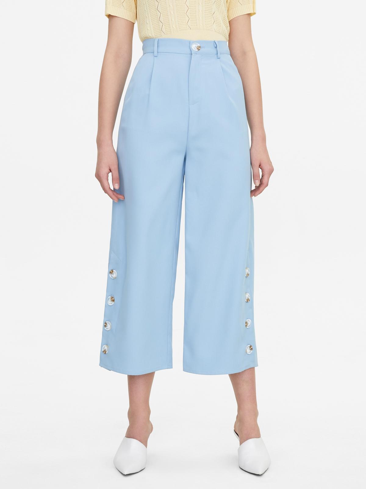 Button Accent Wide Leg Pants - Blue