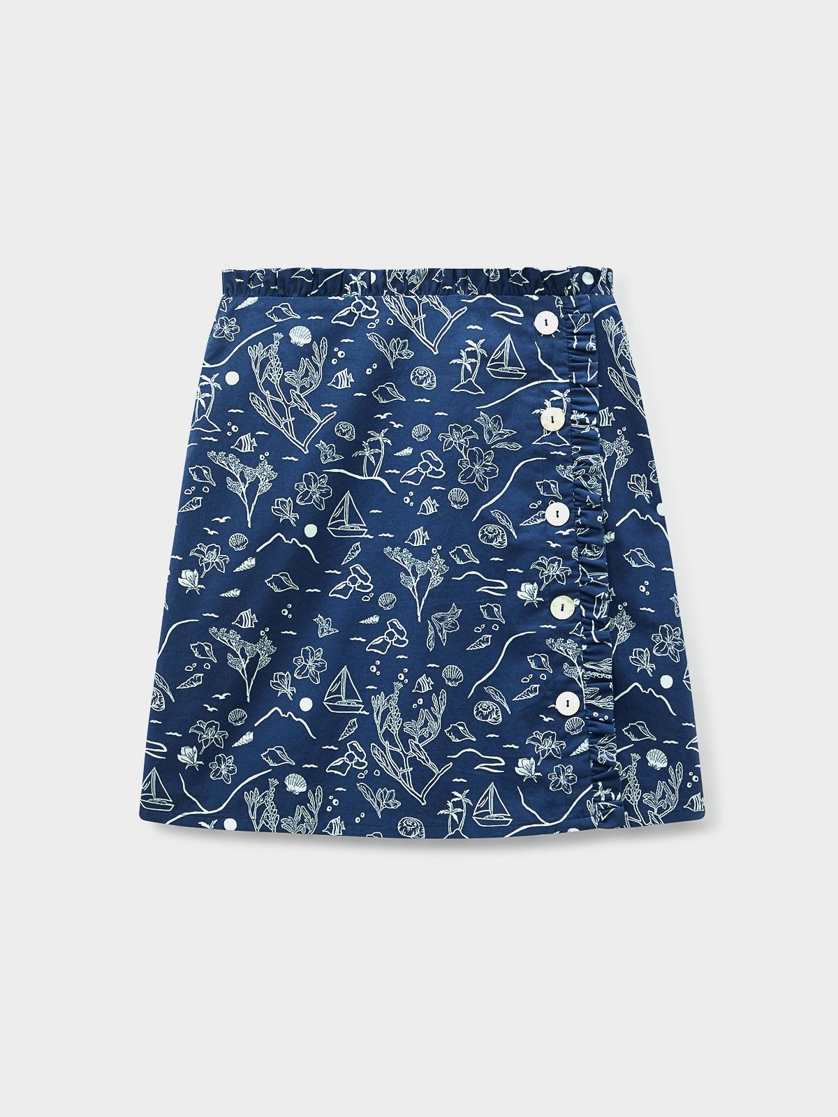 Purpose Beach Print Frill Button Up Skirt - Navy