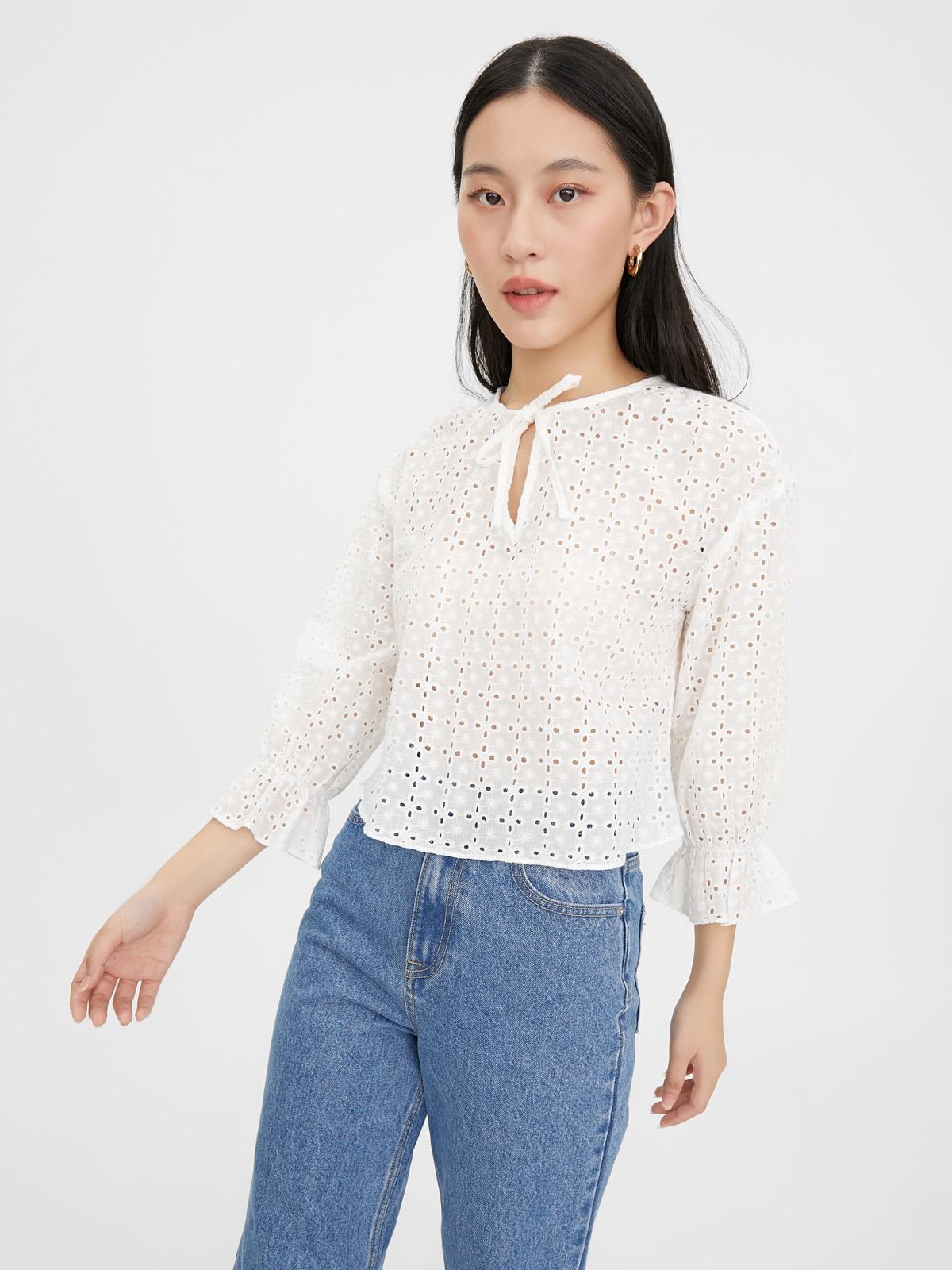 Eyelet Keyhole Neck Blouse - White