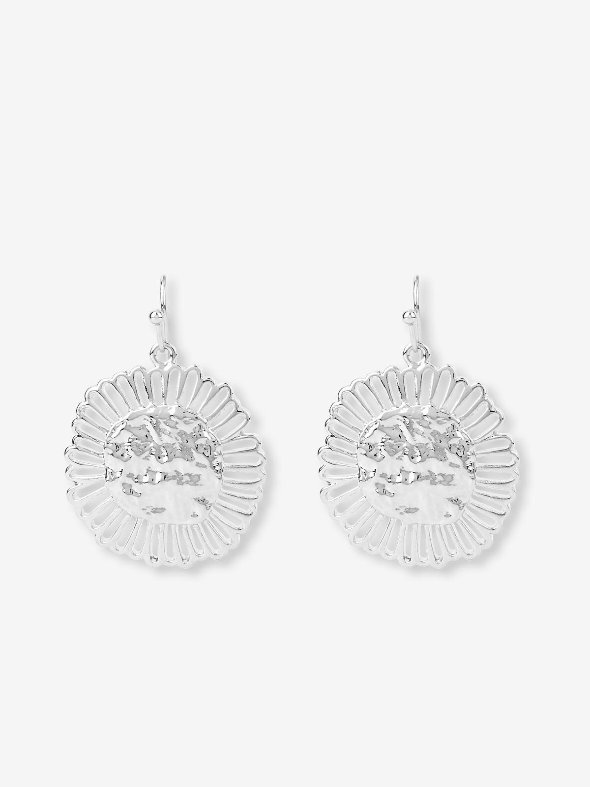 Abstract Flower Plate Drop Earrings - Silver