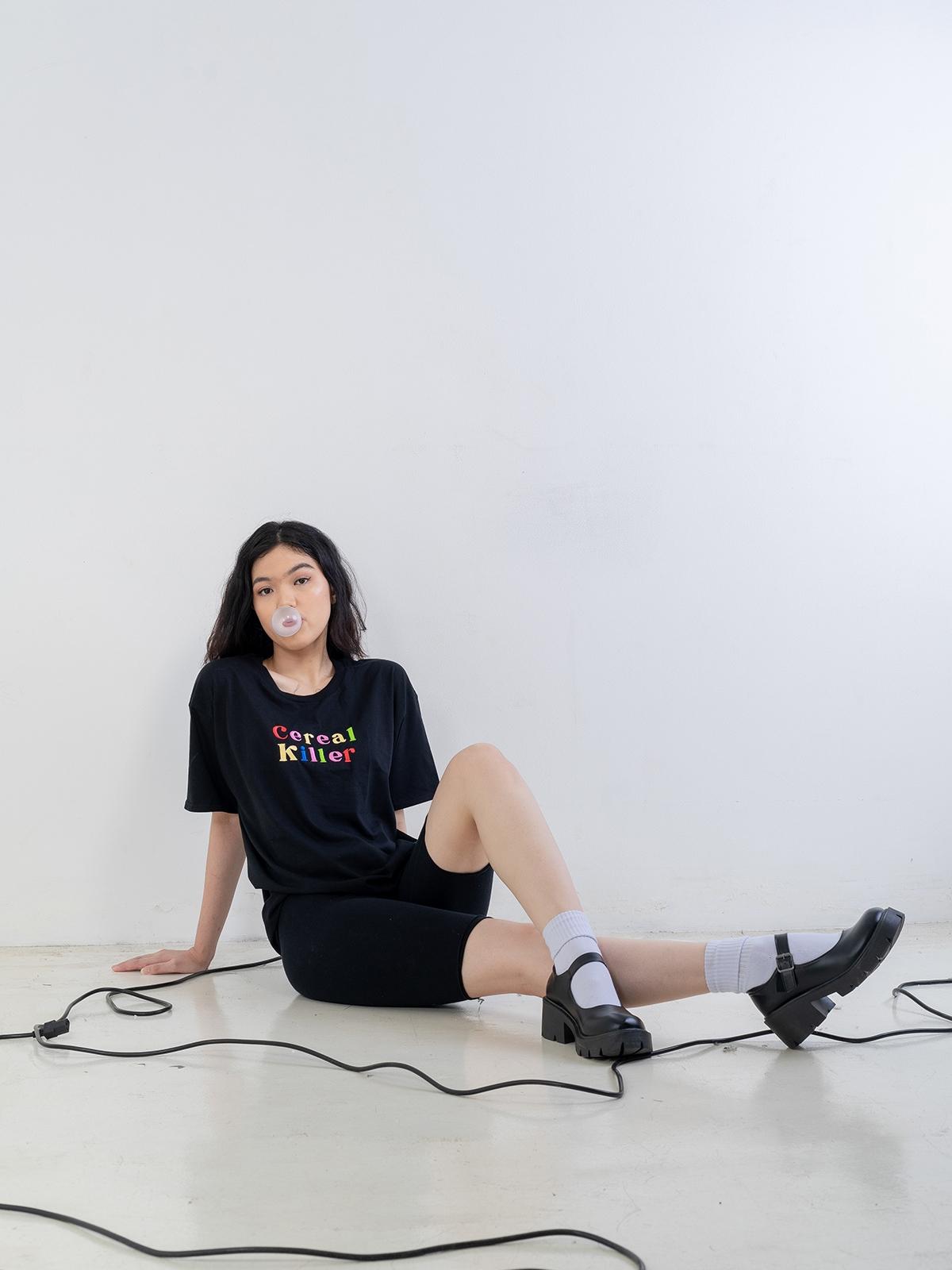 Cereal Killer Embroidery Oversized Tee - Black