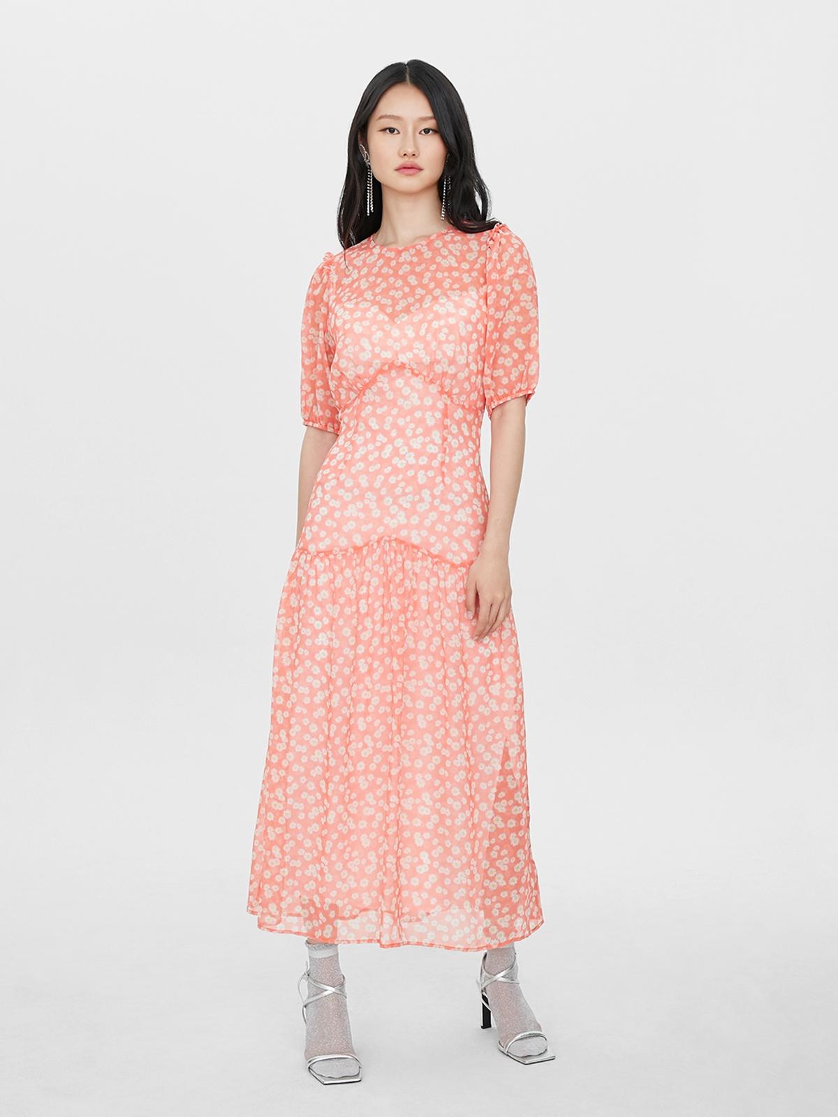 Coral Daisy Sheer Dress - Coral