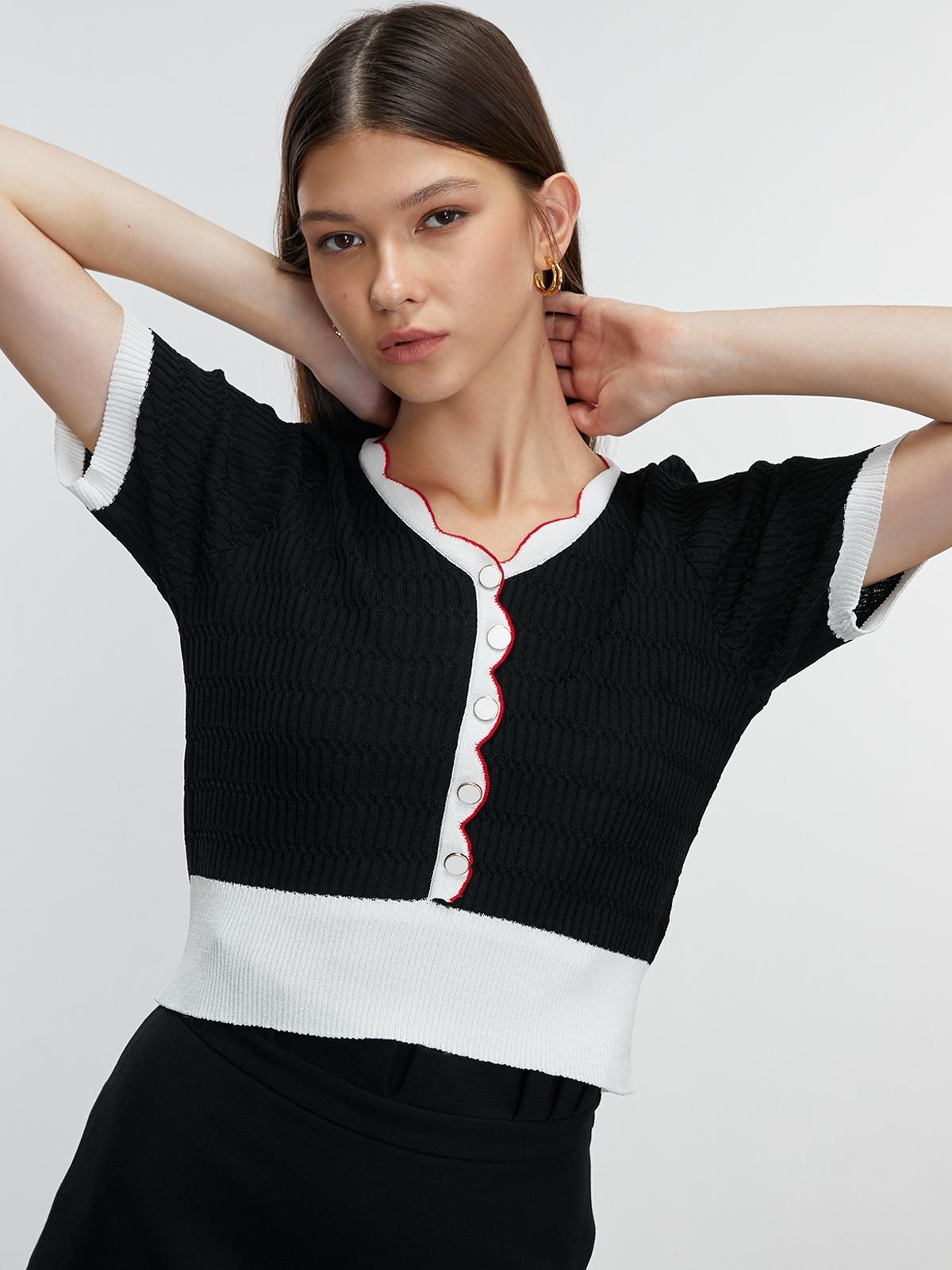 Ribbed V Neckline Blouse - Black