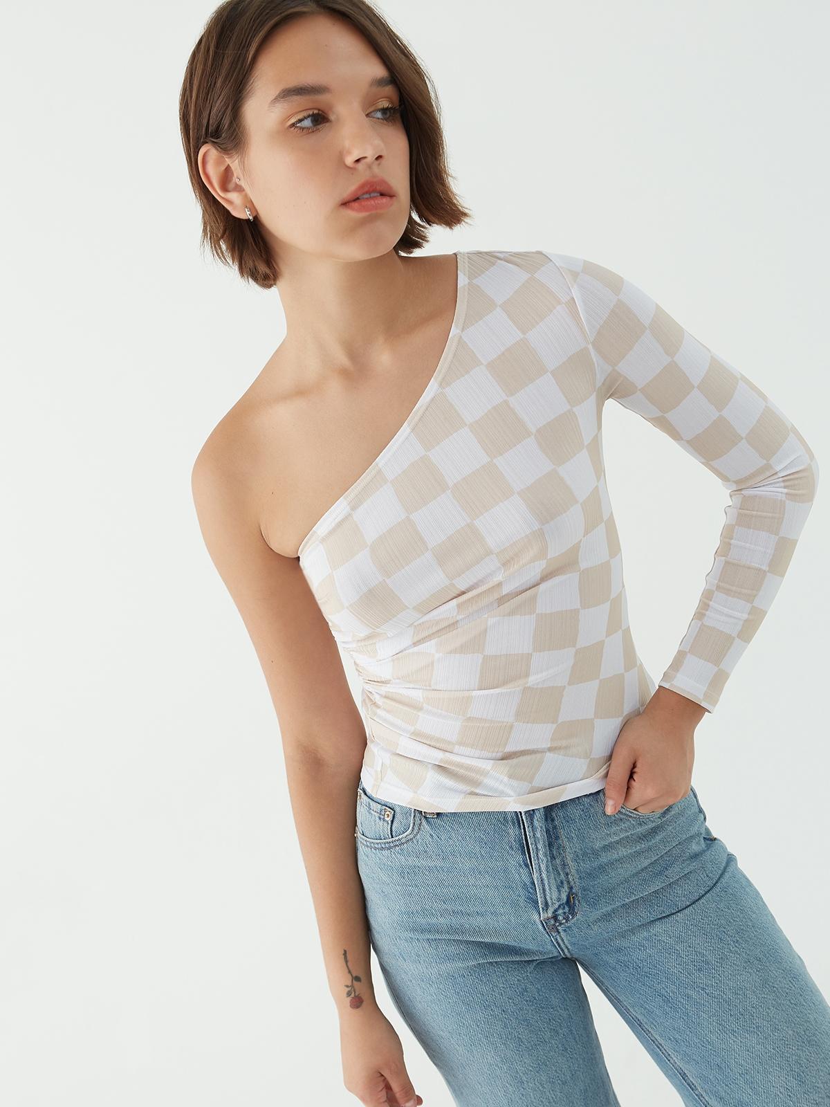 Checkered One Shoulder Long Sleeve Top - Beige