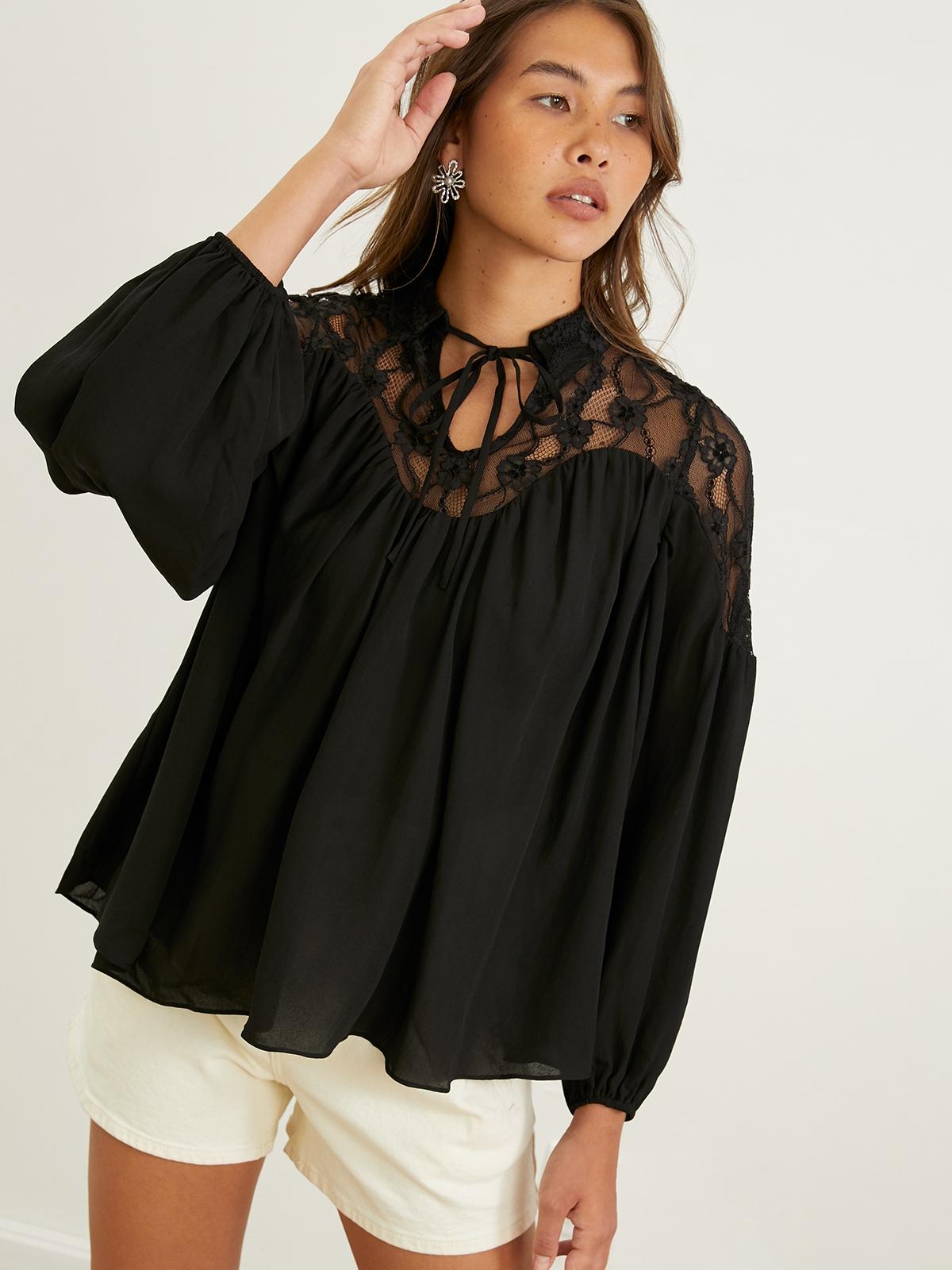 Floral Lace Shoulder Bishop Blouse - Black