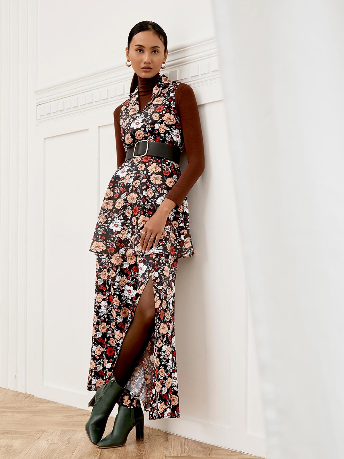 Floral High Slit Wide Leg Pants - Black