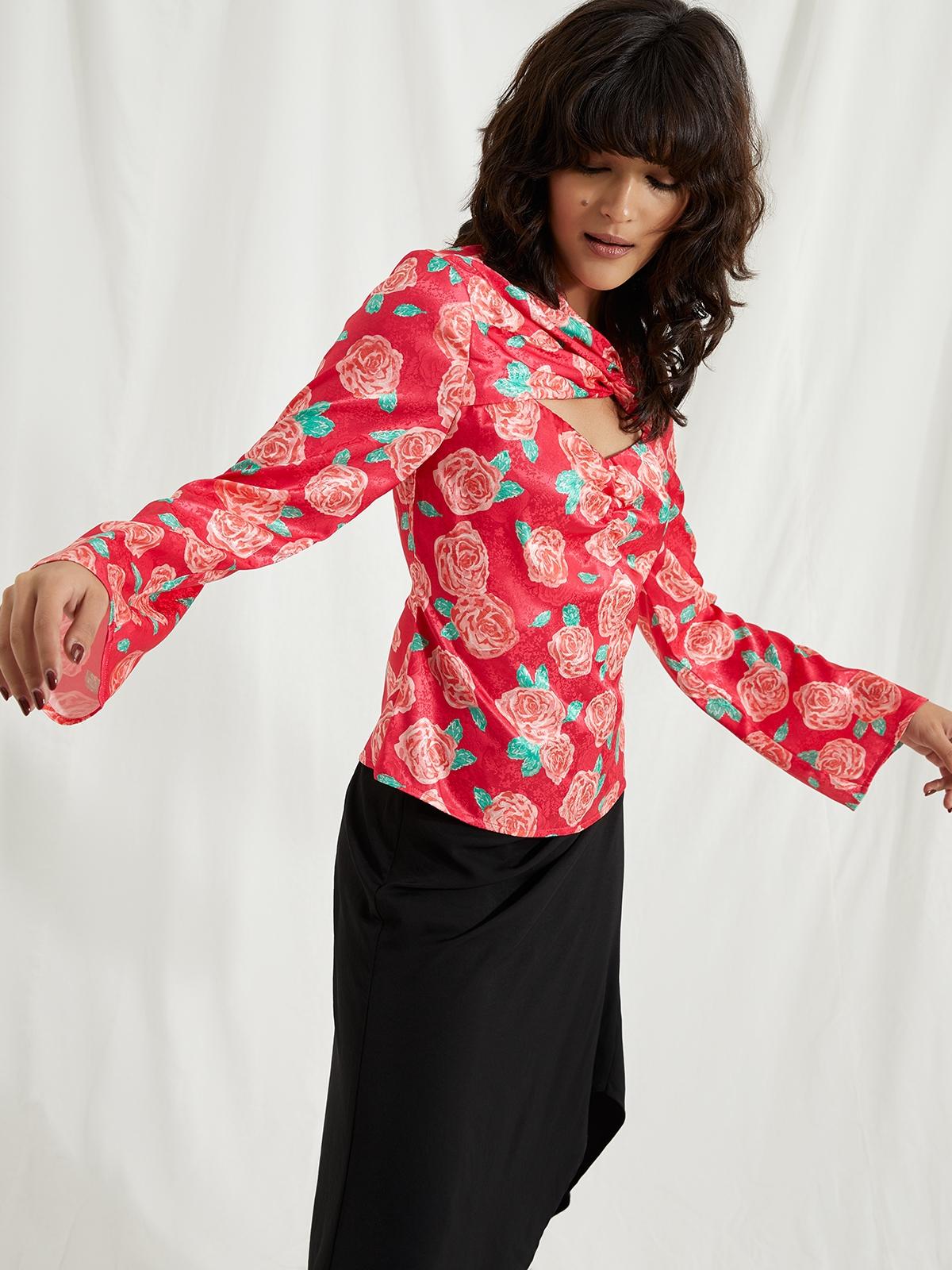 Roses Print Cut Out Blouse - Red