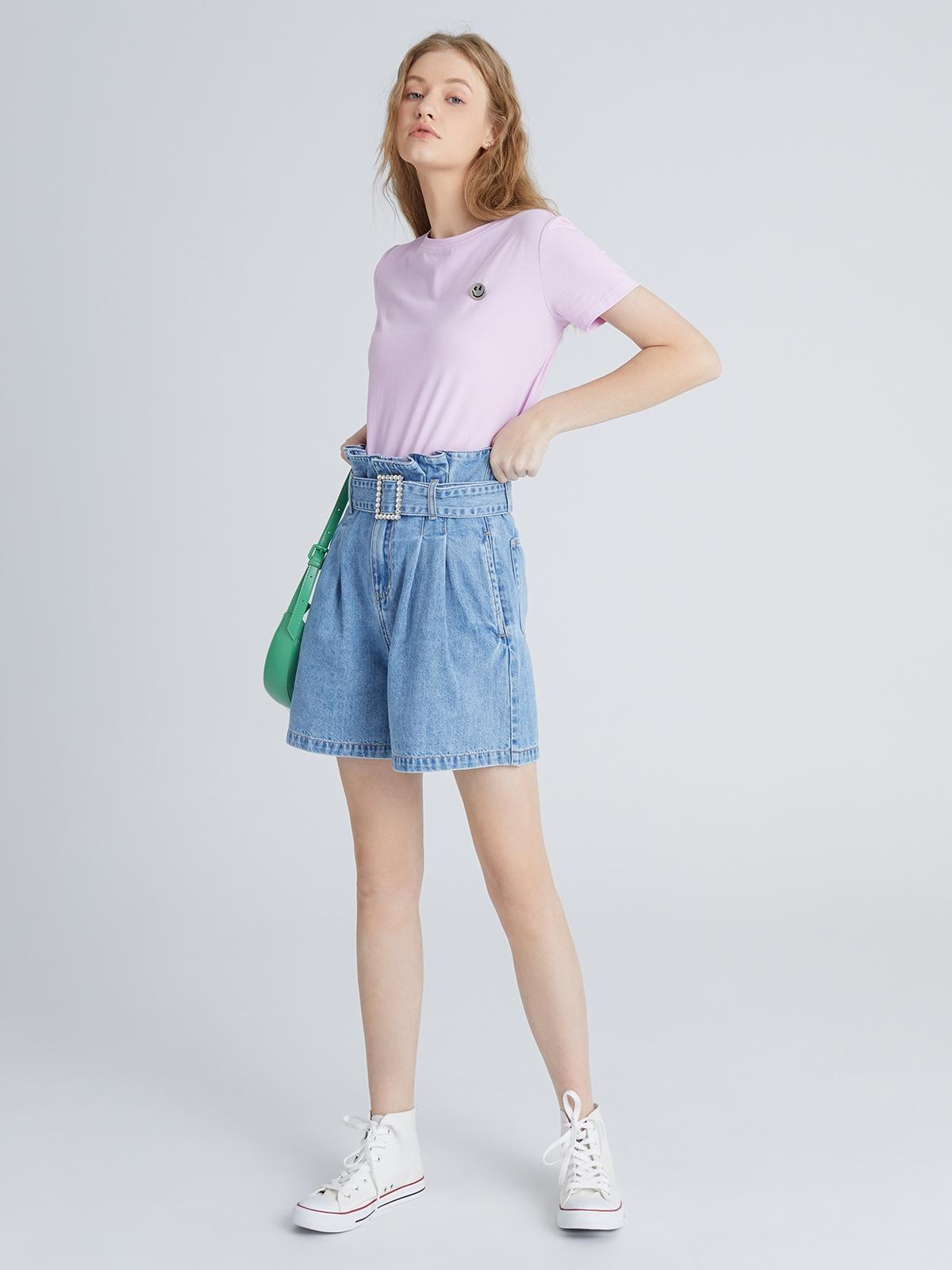 Pleated Belted Denim Shorts - Light Blue