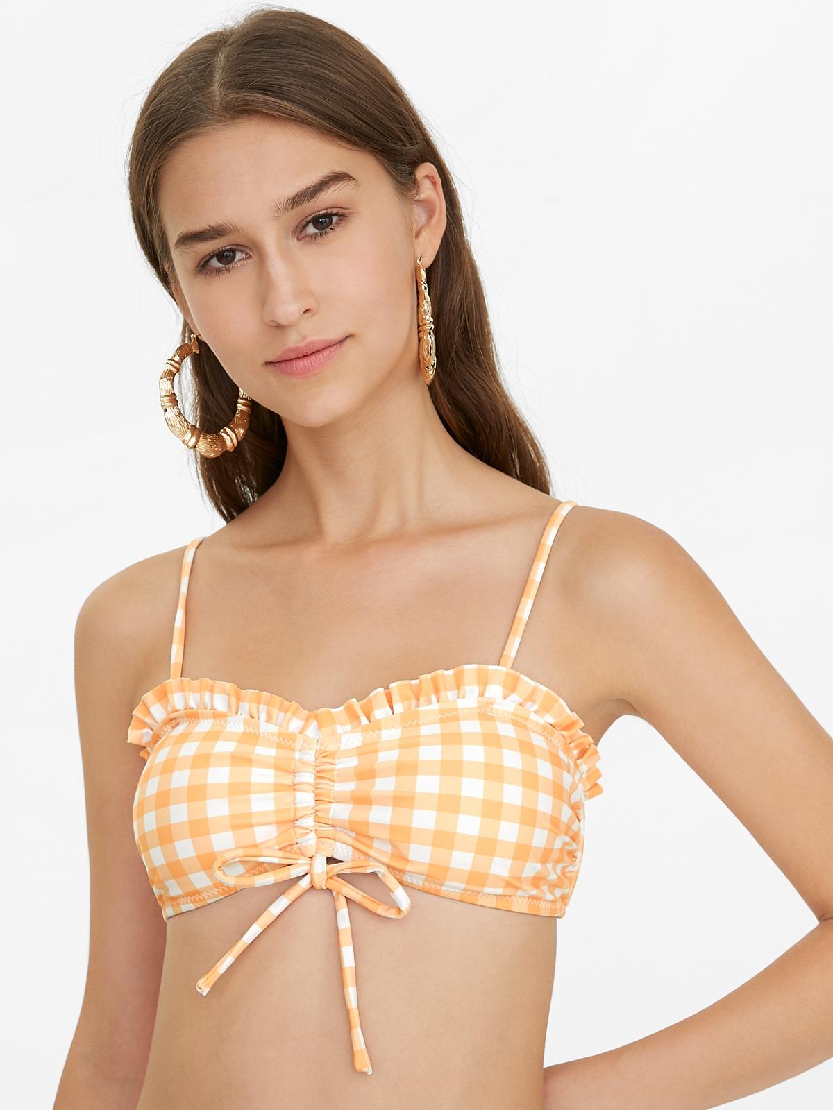 Gingham Ruched Bikini Top - Orange