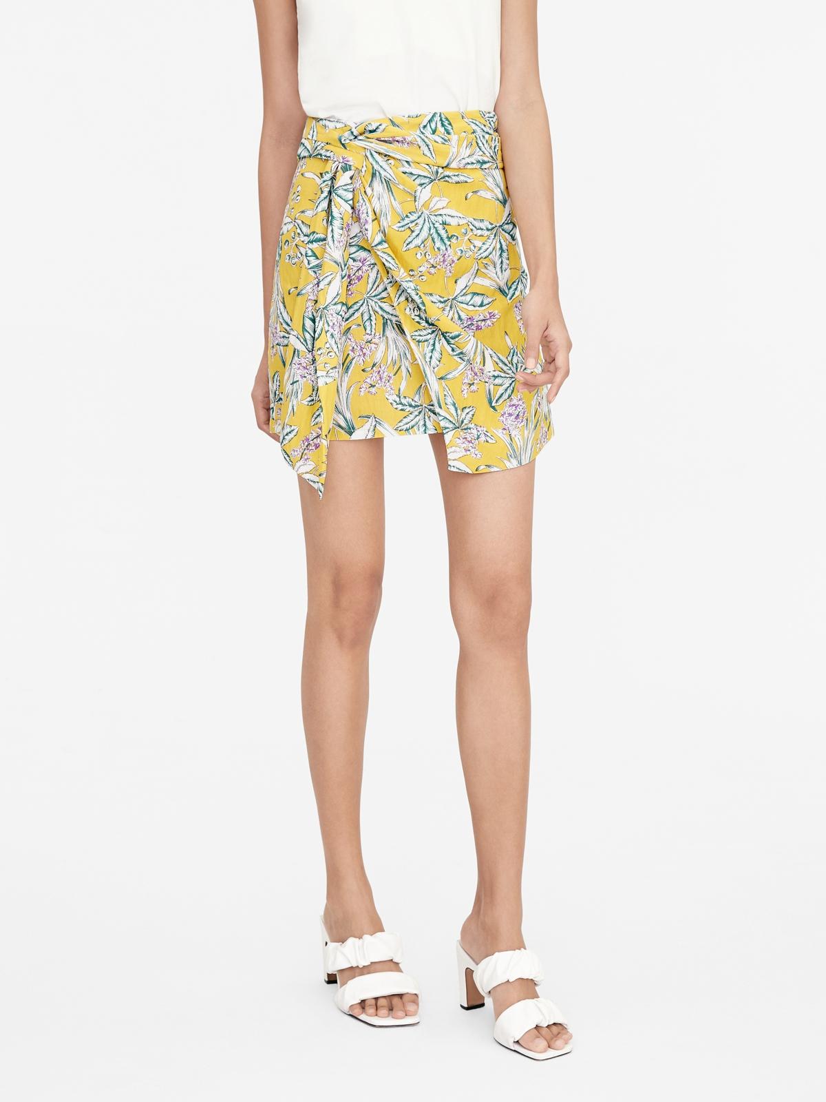 Front Knot Floral Wrap Skirt - Yellow