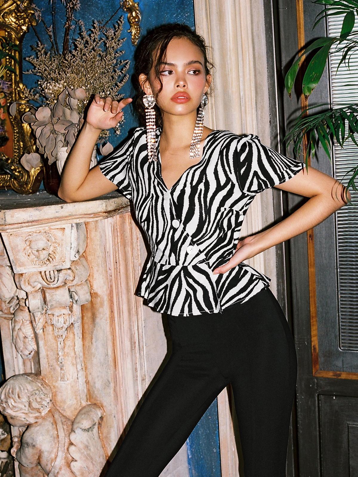 Zebra Print Asymmetric Button Top - Black/White